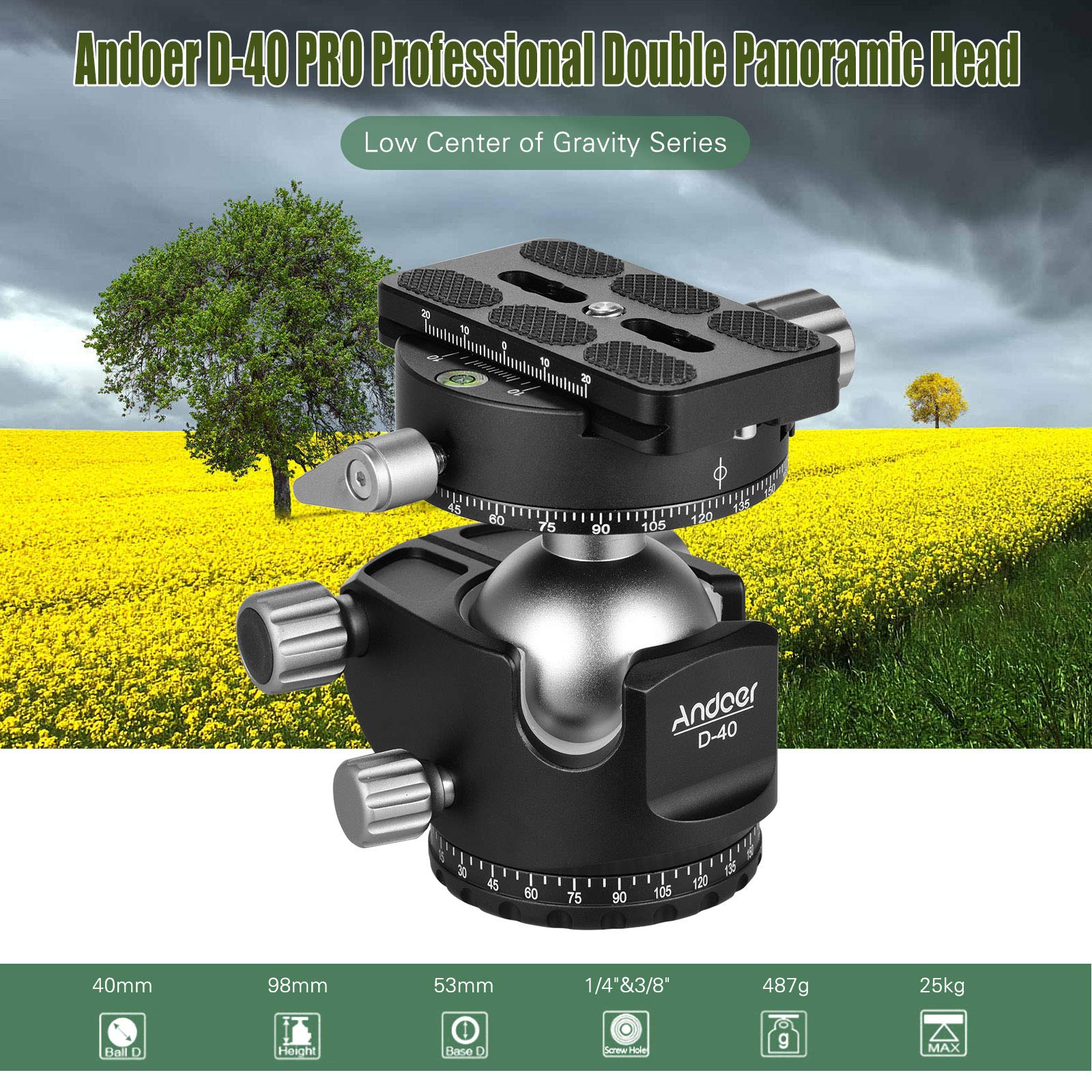 Andoer Testa a sfera panoramica, testa a sfera per fotocamera, design a U, centro di gravità basso, supporto per treppiede, monopiede, fotocamere DSLR-ILDC, portata massima 25 kg