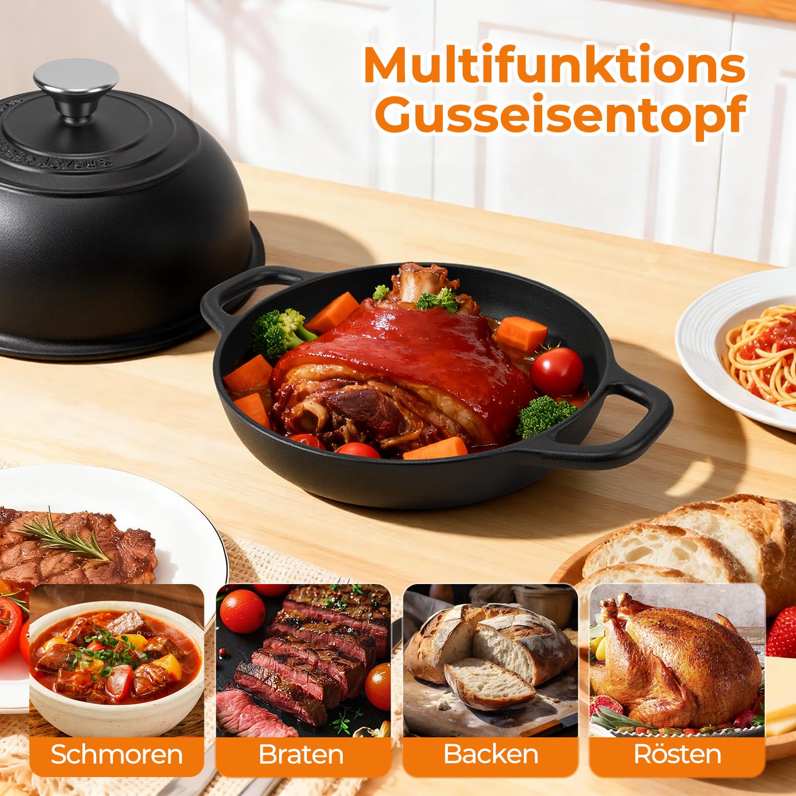 AHJ Eingebranntes Gusseisen Topf Brotbacken,4,7L/24 cm Dutch Oven | Brotbacktopf mit Deckel & Silikonmatte,Bräter Schmortopf für Sauerteig Brot,Backen Schmoren & Braten,Geschenk für Brotbäcker