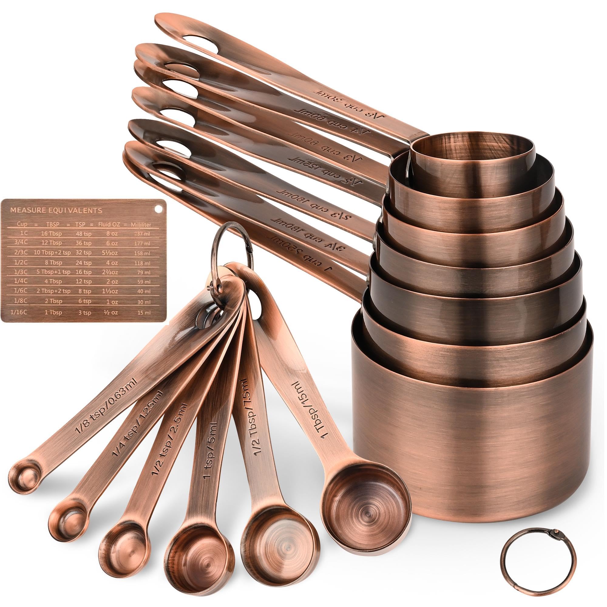 Kupfer-Messbecher und Löffel-Set, 16 Stück, trockene und flüssige Edelstahl-Messbecher und Löffel, 7 metrische und US-Messbecher und 6 Messlöffel und Messäquivalente für Küche und Backen
