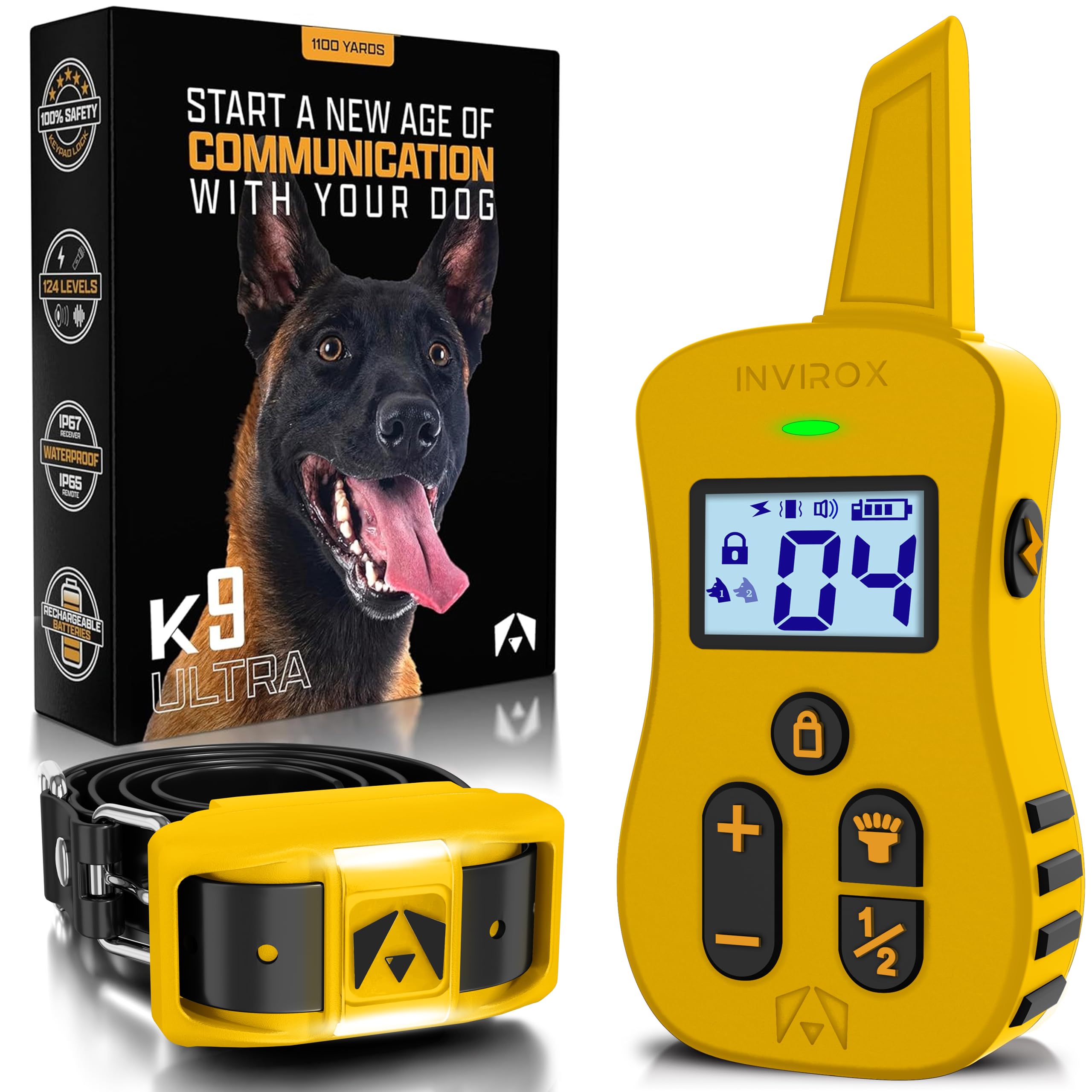 INVIROX E Collar for Dog [Ultra K9] 124 Training Levels, 4 Powerful Modes with Night-Light and ¾ Mile Range 100% Safe Dog Training Collar for Large Dogs IP67 Waterproof
