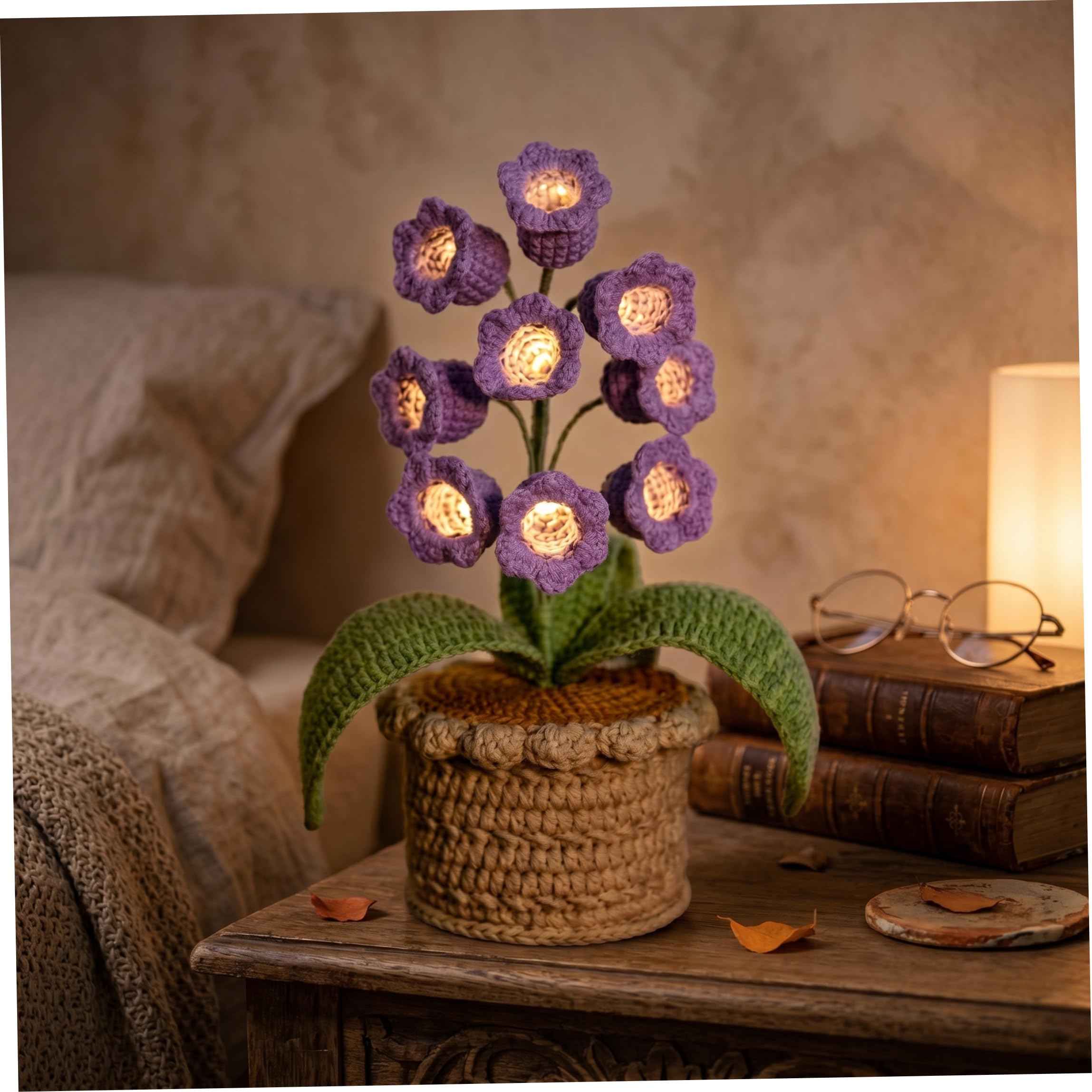 Faticenic Lily Of The Valley Lamp - Handcrafted Crocheted Flower Light, Crochet Plants With Warm Led Strings, Purple, Lily Of The Valley Lamp, Garden Décor