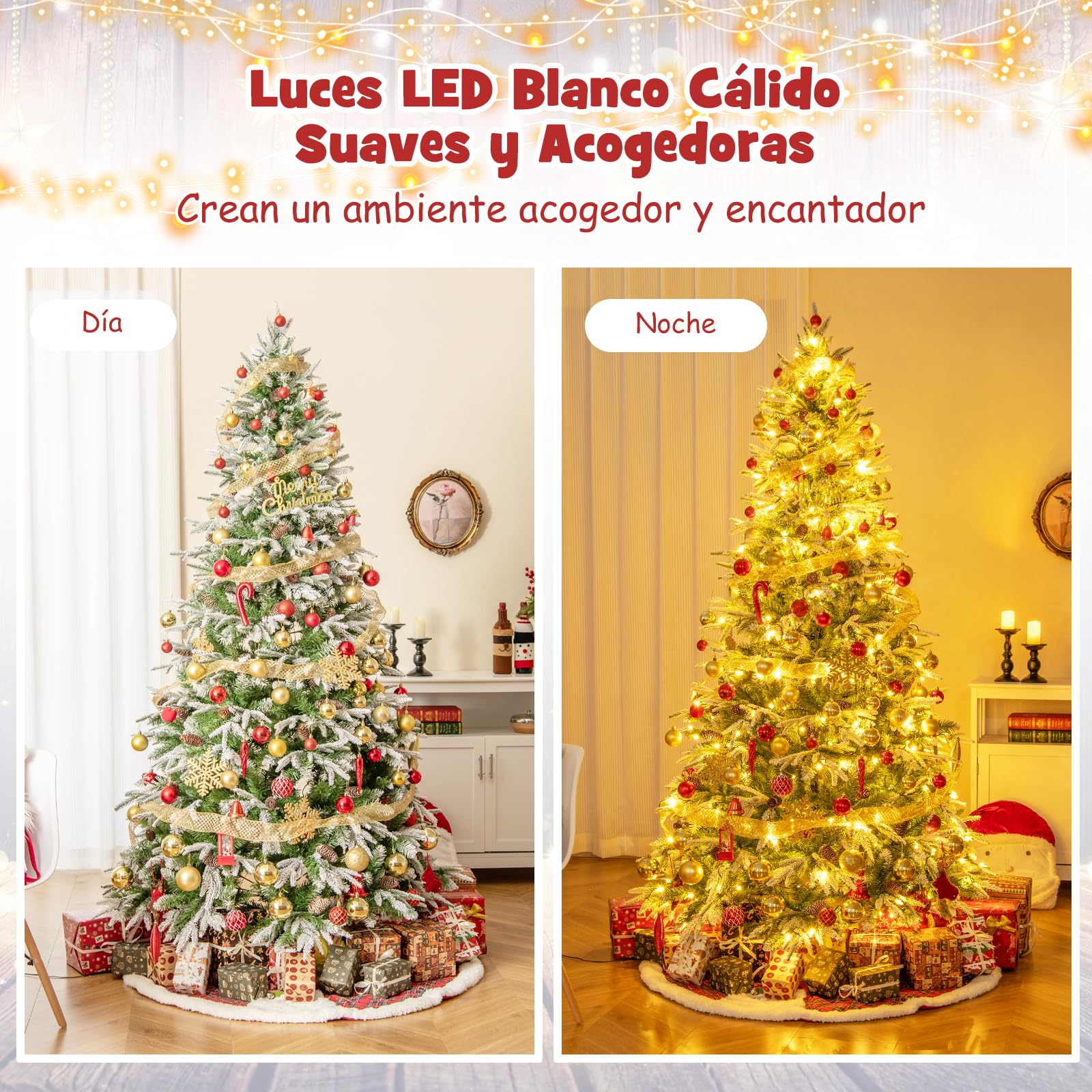 COSTWAY Árbol de Navidad Nevado 225 cm, Arbol de Navidad con Luces Incorporadas, 470 Luces LED Blanco Cálido, 81 Piñas, 1135 Ramas de PE y PVC, Arvore de Natal Hogar Oficina Fiesta (225cm)