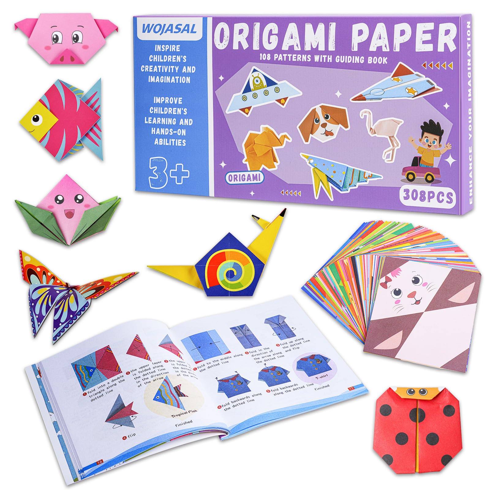 Kit de 308 hojas de papel de origami para niños de 5 a 12 años con guía. Kits de suministros de arte y manualidades para niñas y niños. Papel cuadrado de fácil plegado. Actividades de viaje. Regalos de cumpleaños y Navidad.