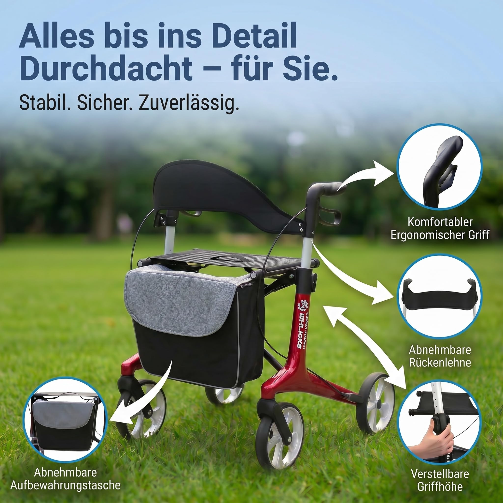 Carbon Rollator Faltbar und Leicht mit Sitz, Rollatoren Leichtgewicht Ultraleicht 5.9 kg, Indoor & Outdoor Gehhilfe für Senioren, Höhenverstellbar und Klappbar Rollator für Kofferraum
