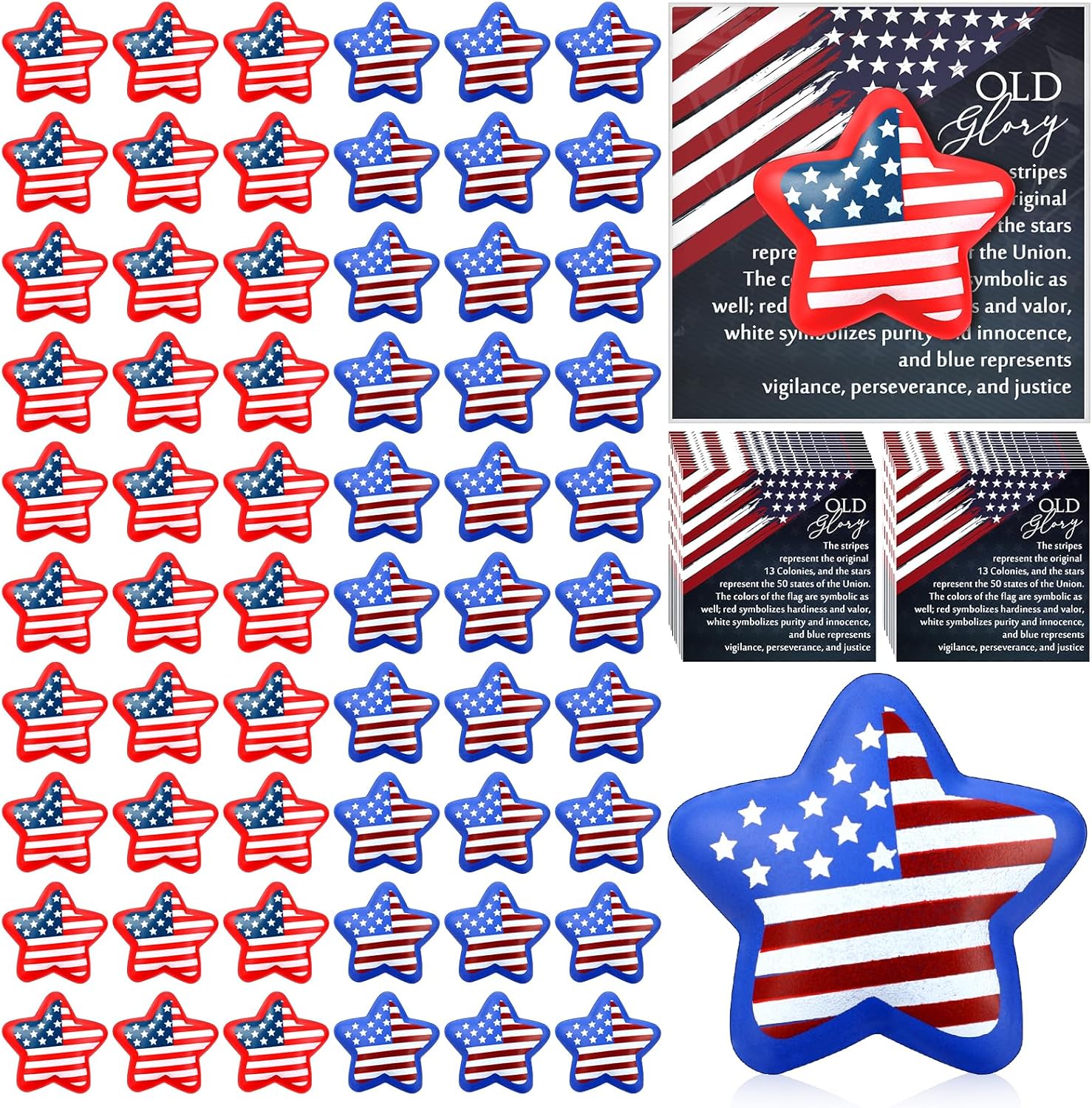 Meooeck 30 Sets 4th of July USA Flag Stress Ball Gifts - 250th Anniversary Memorial Day American Patriotic Star Favors with Cards for Veterans Soldiers Patriots Parade Throws Party Decoration Supplies