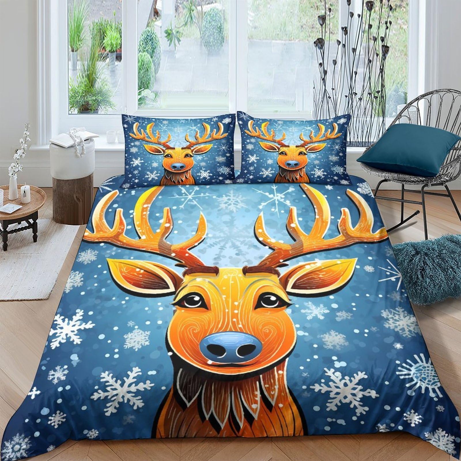 Ctjqhvkz Style-4 3D Printed Cartoon Reindeer Fitted Sheet Microfiber Blue Snowflake Mattress Cover For Bedroom Guest Room Home Decor Single（135X200cm）