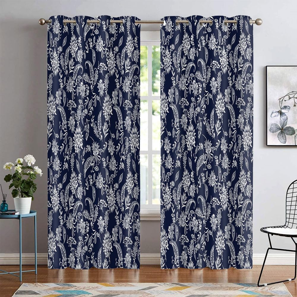 Paisley Floral Print Curtains Farmhouse Vintage Curtains for Bedroom 84 Inch Length 2 Panels Thermal Insulated Window Treatments Drapes for Living Room, 42x84 inches, Navy Blue and White
