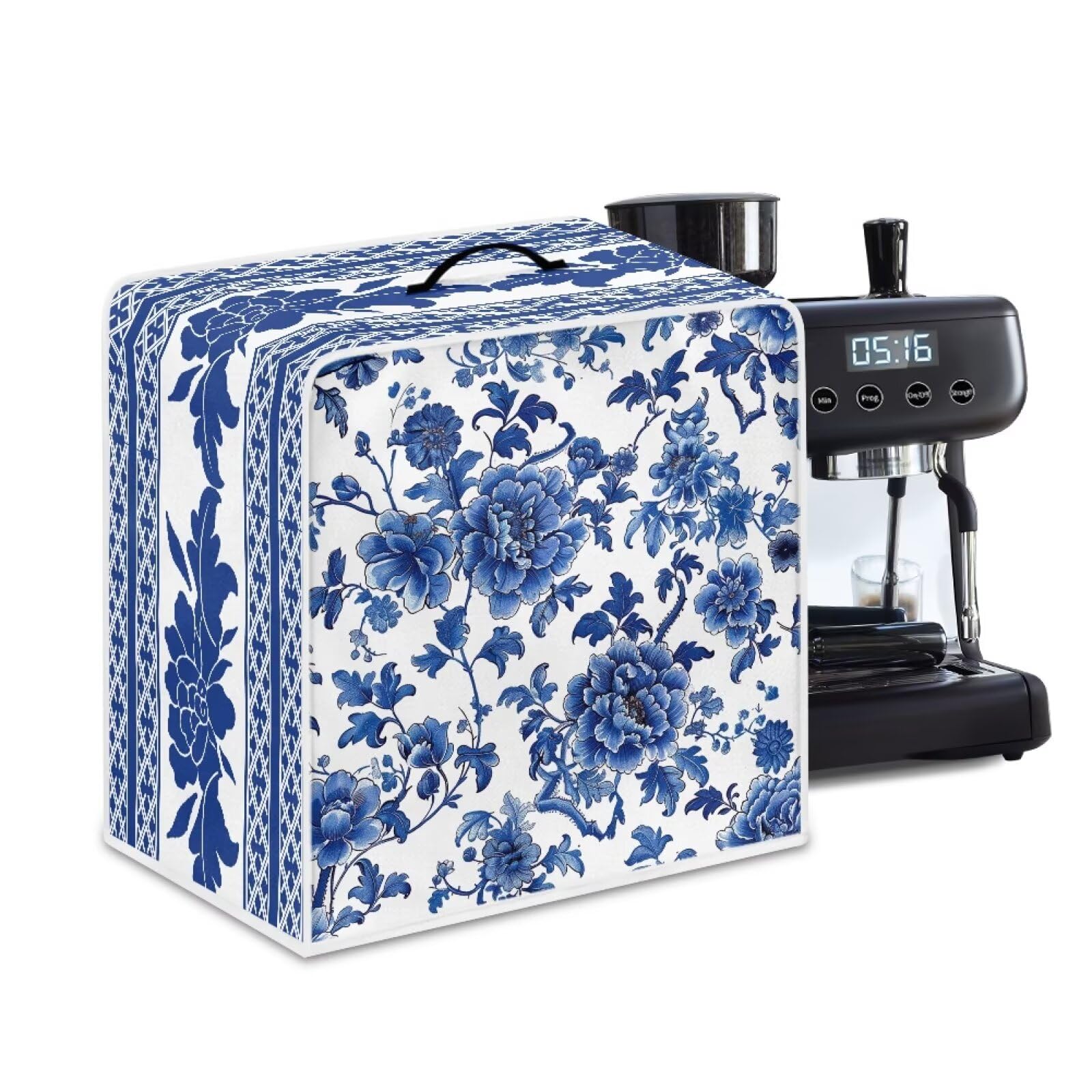 Coffee Maker Cover – Dust Protection Stain Resistant Washable Appliance Cover Kitchen Decoration Gifts For Coffee Lovers Blue White Floral Pattern