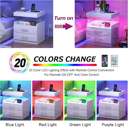 Miniatura 4 de WelFurGeer Mesita de noche de alto brillo, mesita de noche LED blanca con estación de carga, mesita de noche con cajones, mesitas de noche modernas,