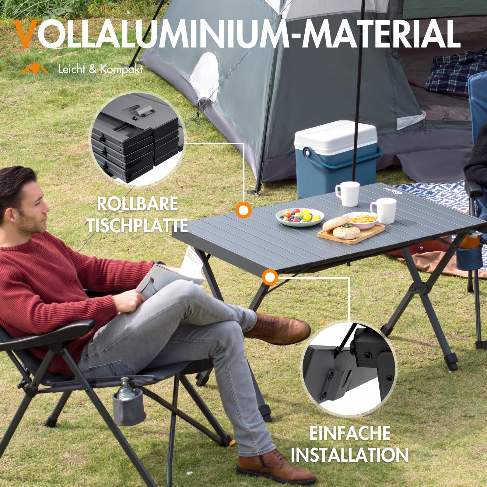PORTAL Campingtisch faltbar Höhenverstellbar Klapptisch Aluminium 108 x 71cm rollbar Camping Tisch klappbar Falttisch leicht für Picknick Party Garten Wandern Reisen