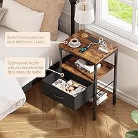 Vista 8 de SUPERJARE - Mesita de noche con estación de carga, con cajón de tela ajustable, para dormitorio, mesa auxiliar de almacenamiento de 3 niveles
