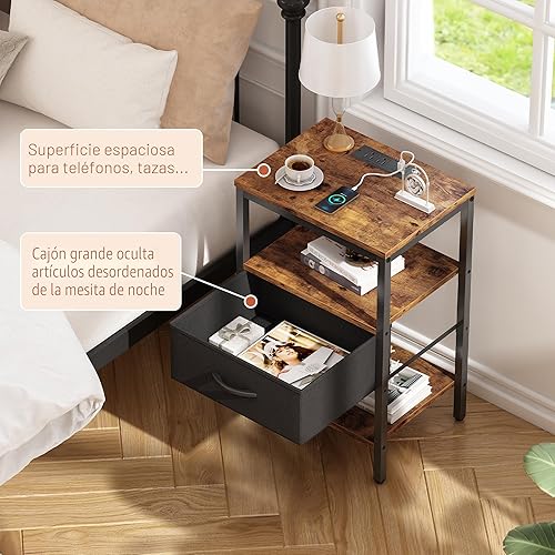 Miniatura 8 de SUPERJARE - Mesita de noche con estación de carga, con cajón de tela ajustable, para dormitorio, mesa auxiliar de almacenamiento de 3 niveles