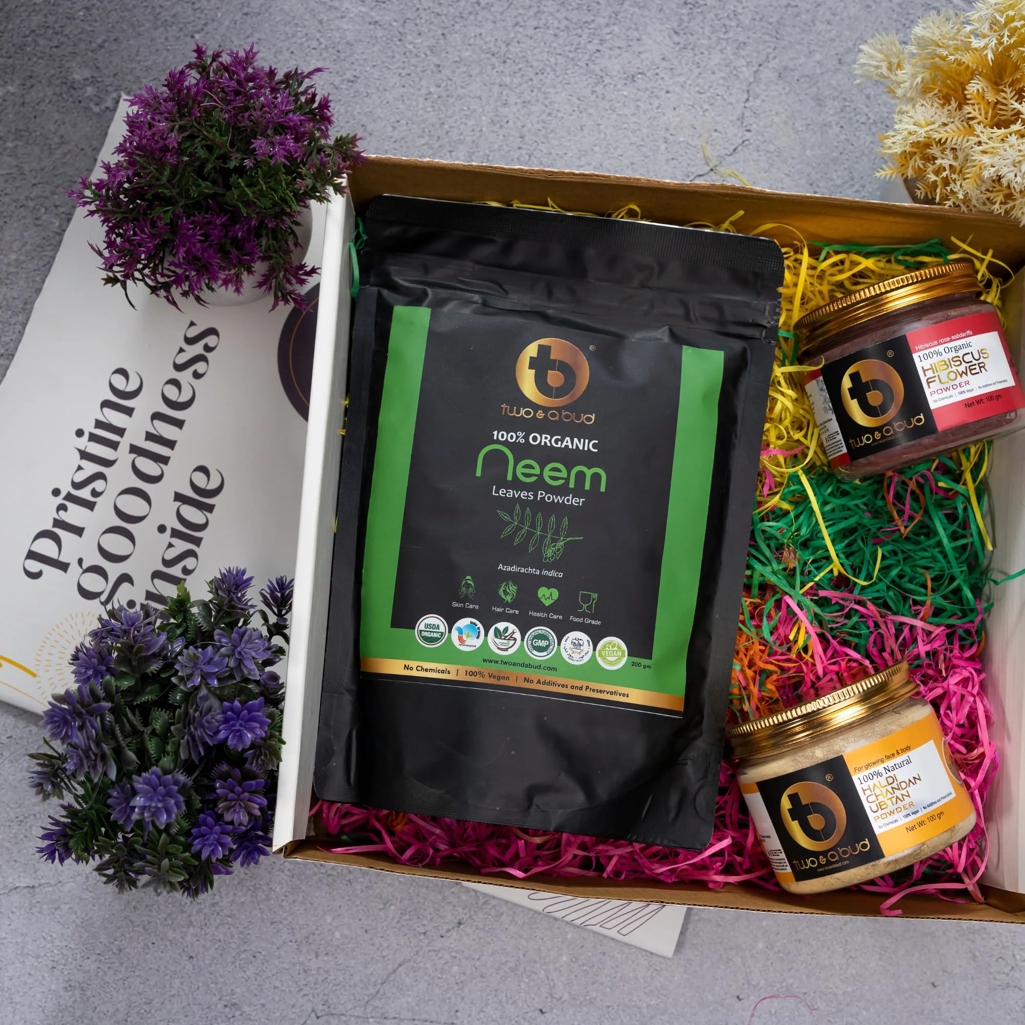 Two & A Bud Herbal Hair & Skin Care Gift Combo Set Neem, Haldi Chandan Ubtan & Hibiscus Powder, 100% Natural & Ayurvedic, Premium Gift For Rakhi/Raksha Bandhan, Sister, Brother-image-40