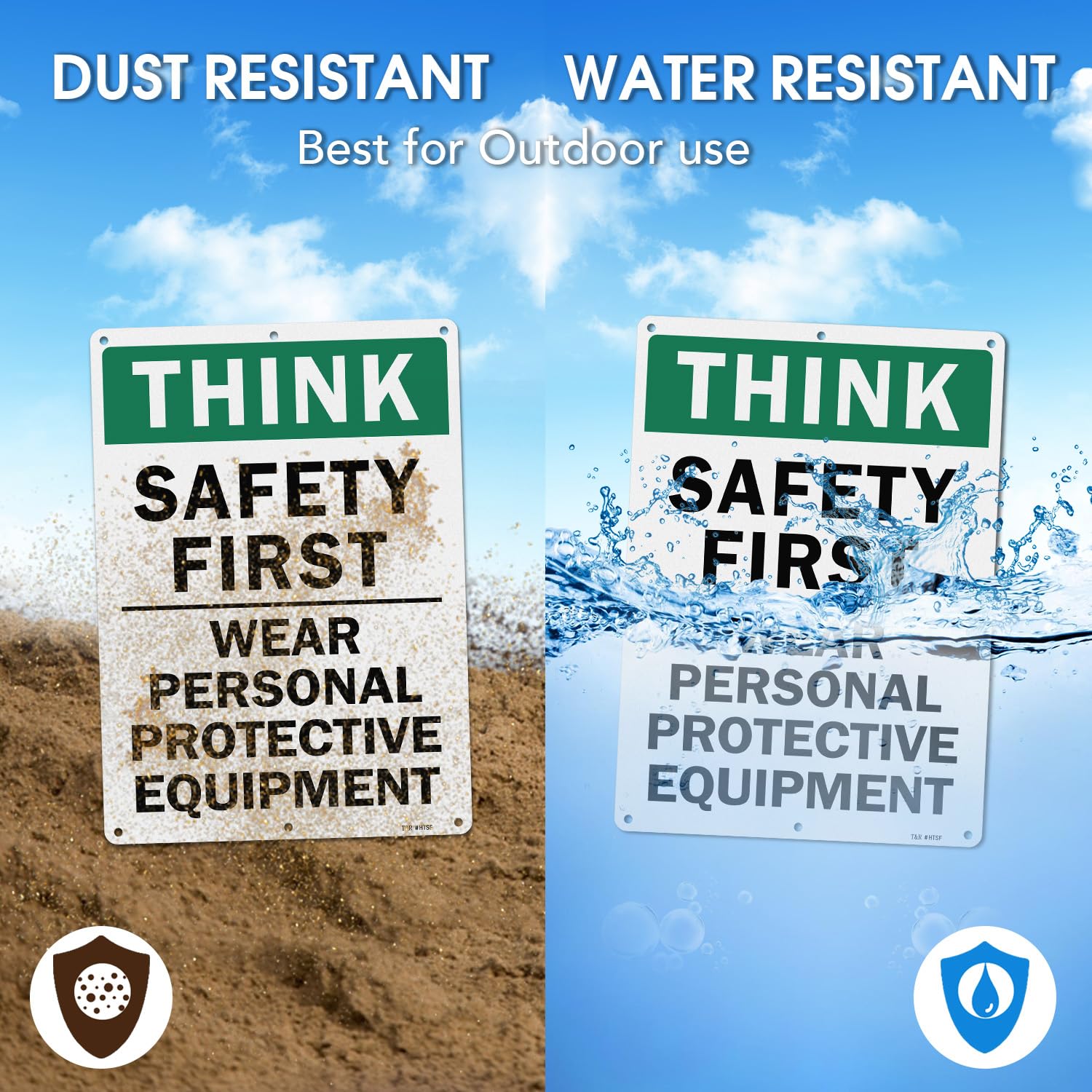 T&R Large Think Safety First Sign Wear Personal Protective Equipment - 2 Pack - 14 x 10 Inches Rust Free .040 Aluminum Reflective - UV Protected, Waterproof and Fade Resistant - 6 Pre-drilled Holes — Amazon image 4