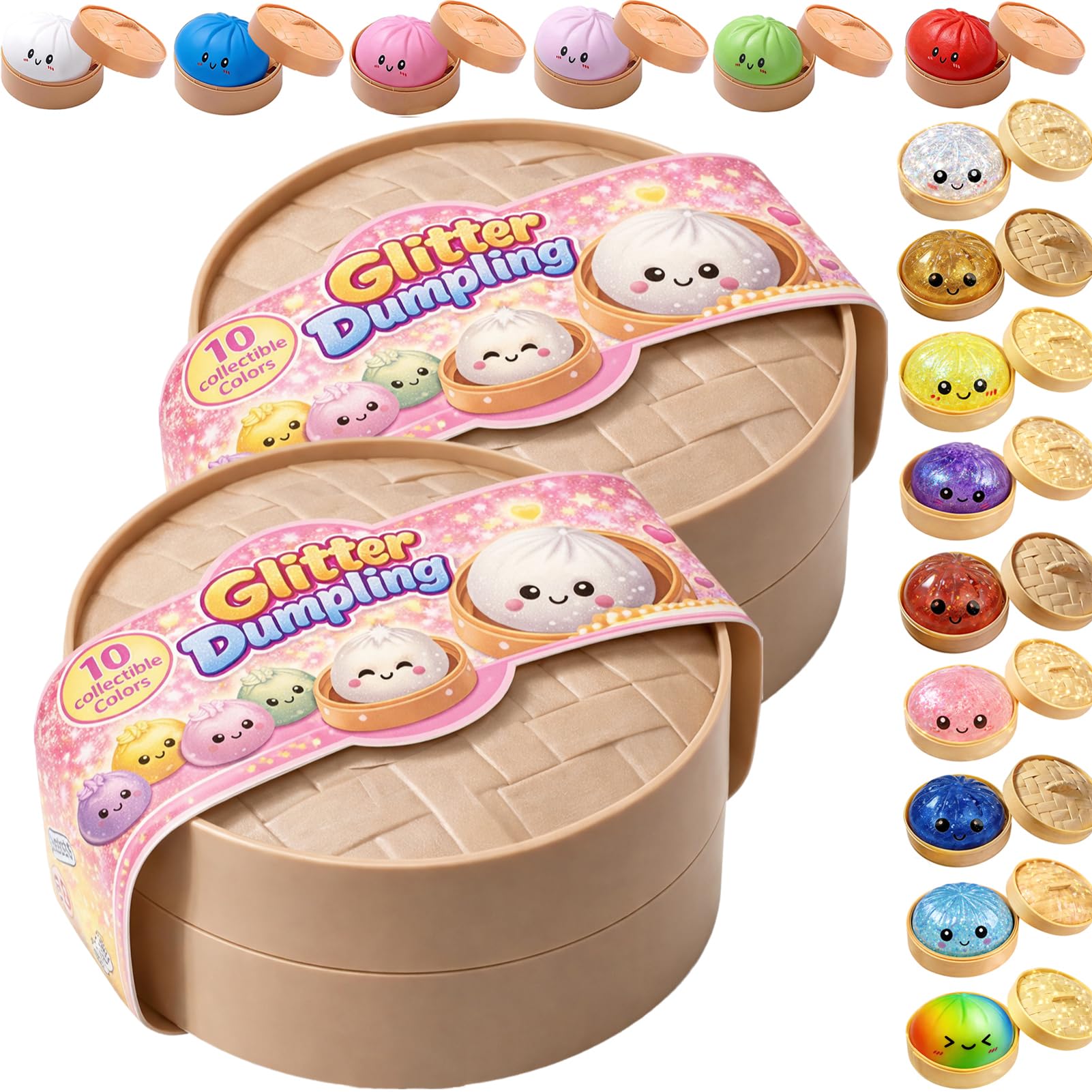 Dumplings Squishy, 2026 Glitter Dumpling Squishy, Squishiest Bun Dumplings with Steamer Box, Stress & Anxiety Relief Toys for Kids & Adults Non-Edible (Random-2Packs)