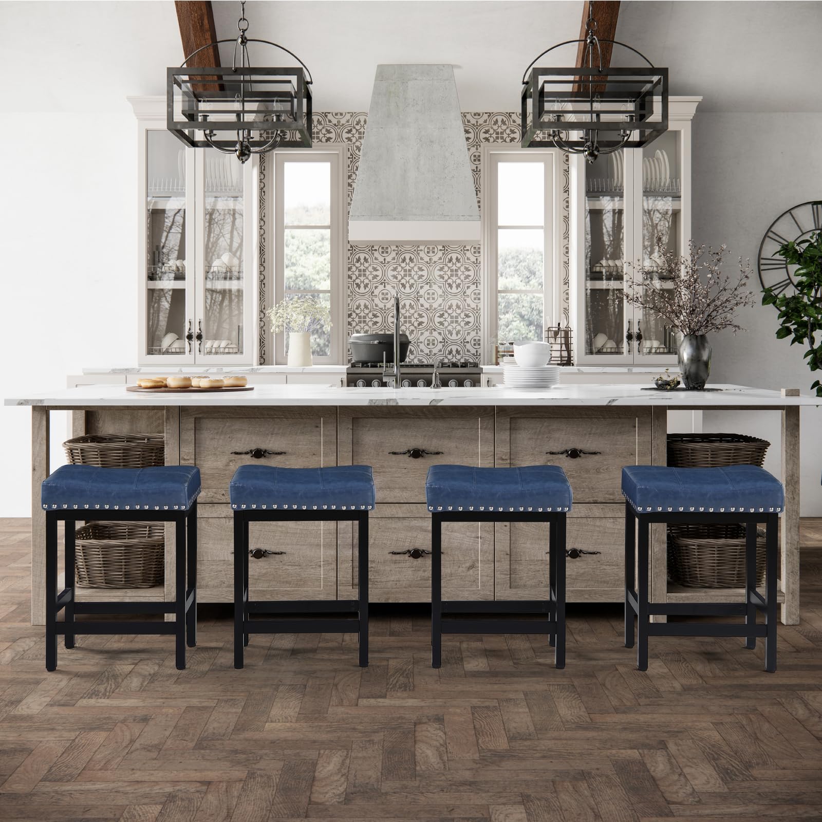 OUllUO Bar Stools Set of 2, 24 Inch Counter Height Stools Saddle Stool, Blue Faux Leather Barstools with Metal Base,918PBE