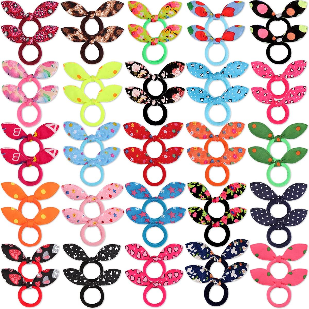 50pcs Children Hair Ties+200pcs Rubber Bands, Cute Toddler Rabbit Ear Hair Ties, Seamless No Crease Elastic Cotton Bows Ponytail Holders Hair Accessories for Baby Toddler, Kids, Teens