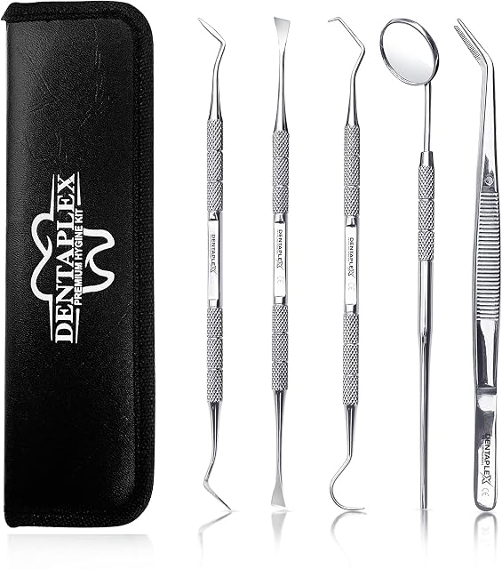 Dentaplex 5 Pcs Oral Dental Care Kit for Teeth Cleaning Whitening Plaque Calculus Removal Tartar Remover Tools Tooth Picks Dentist Mirror and Tweezers for Personal & Pets use