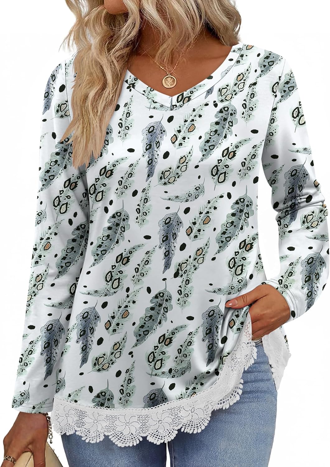 CRAZY GRID Women Casual Long Sleeve Loose Fit Lace Hem Knit Pullover T-Shirt Fall Fashion Blouse for Leggings