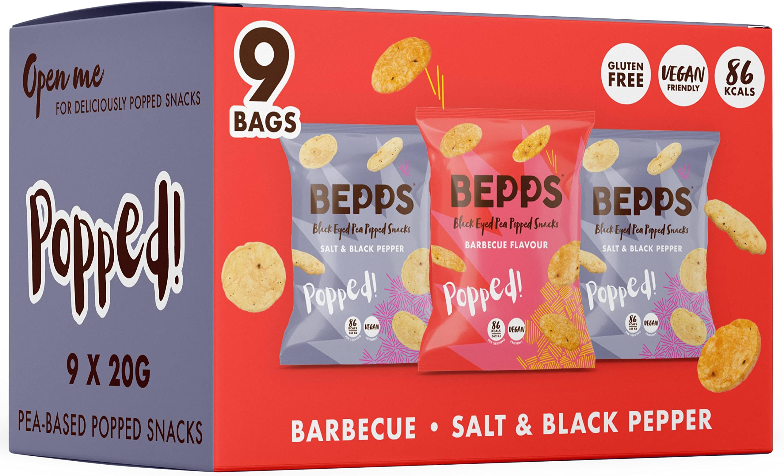 BEPPS - Healthy Snacks Low Calorie Crisps Vegan & Gluten Free - Taster Pack Popped Chickpea Crisps Crisps Multipack (9 x 20g Bags)