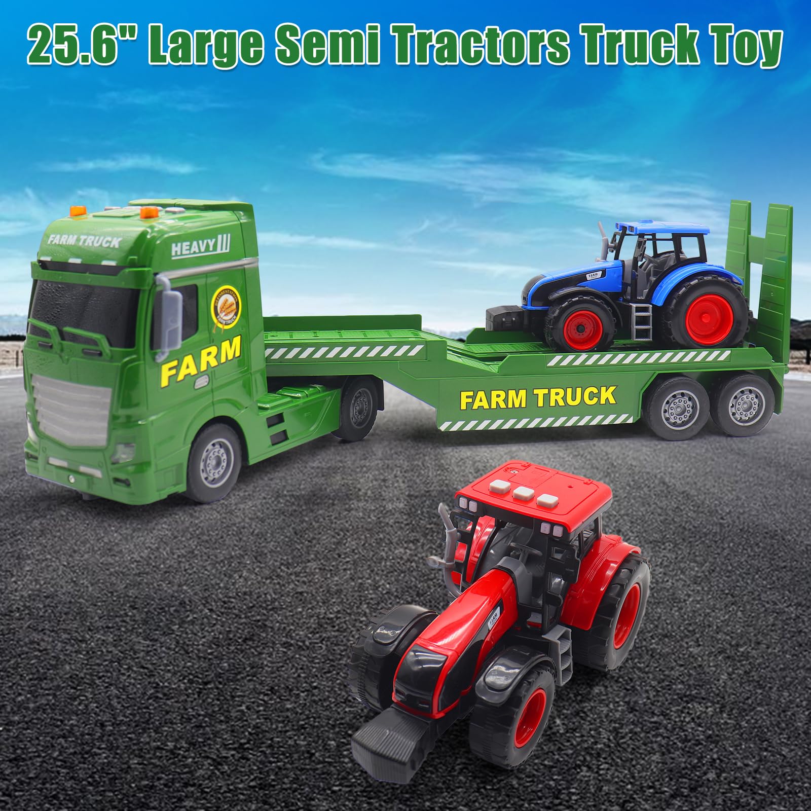 Mostop Camión grande de camión plano,25.6'' gran camión de granja juguete con 2 tractores,Juguete de tractor de granja impulsado por fricción con luz y sonido, juguete de granja para niños