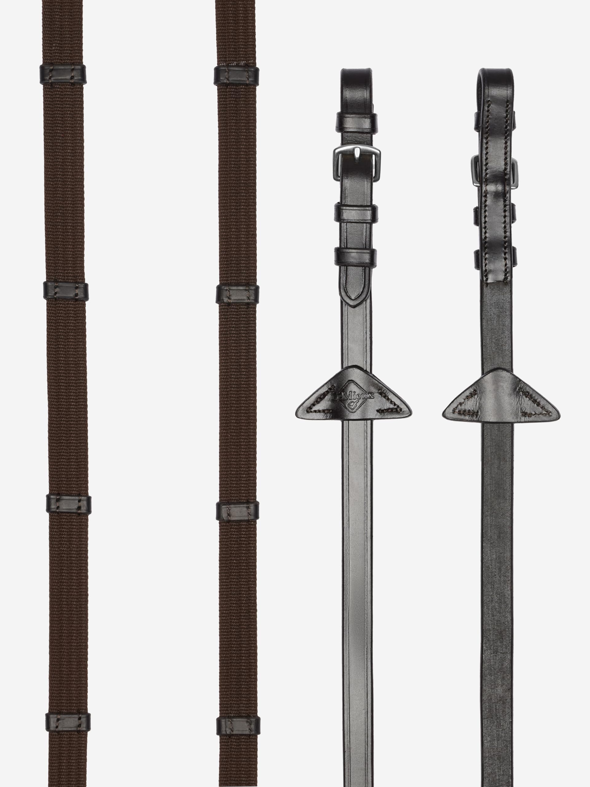 LeMieux Webbed Continental Reins - Leather Anti-Slip Hand Stops - Brown/Silver - Cob