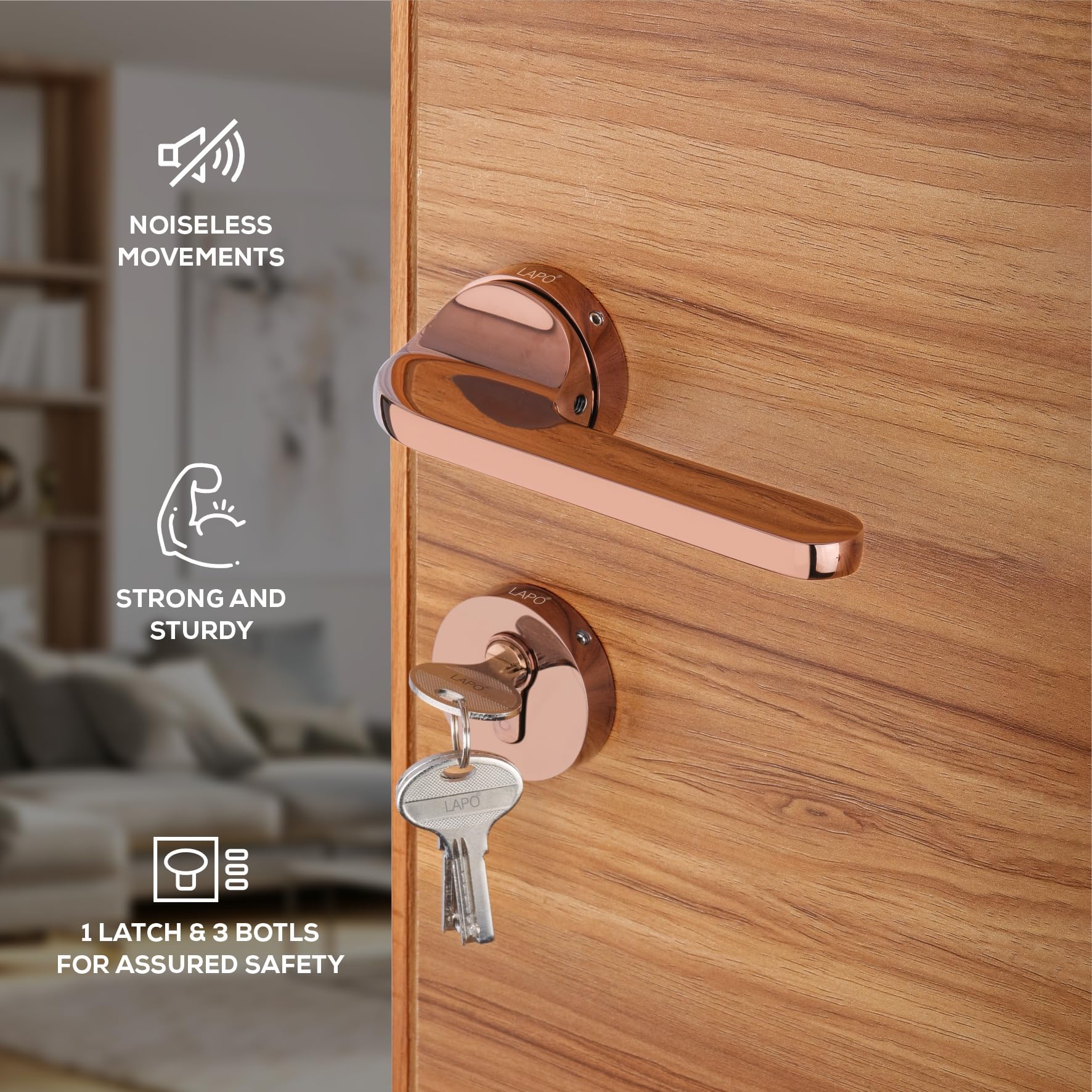 LAPO Mortise Door Lock for Home Main Door & Bedroom with Handle | Left-Right Fit 30-50mm Door Home Office Hotel | 3 Brass Keys | Heavy-Duty 70mm Cylinder | 50x85mm Body | Rose Gold Finish | Ro-127 1