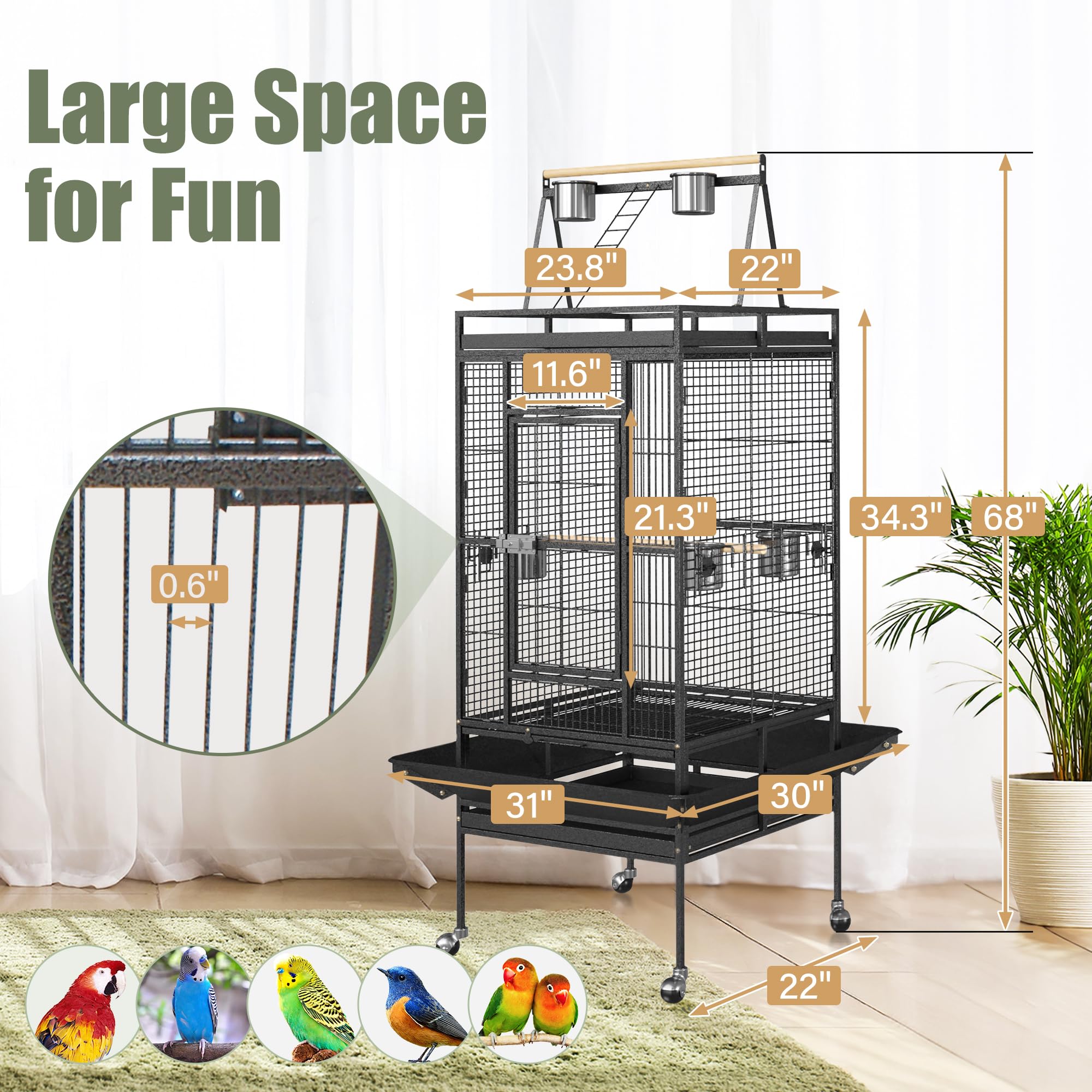 ZENY 68-Inch Birdcage, Playtop Parrot Cage, Wrought Iron Bird Cage with Rolling Stand, Heavy-Duty Pet Bird House for Parrot Cockatiel Cockatoo Parakeet Macaw Finches, Black - image 4