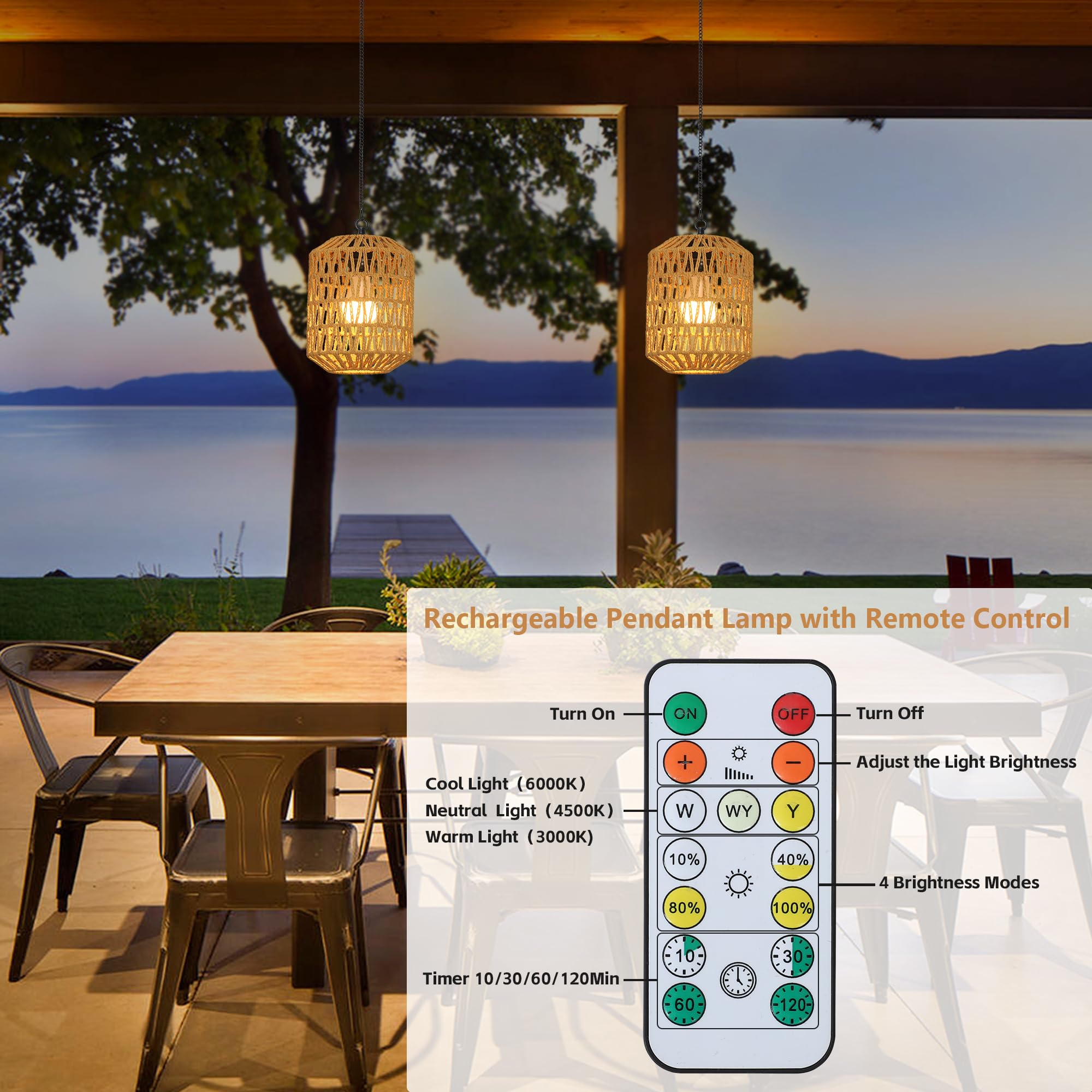 Rayofly 2 Pezzi Lampada a Sospensione Ricaricabile per Interni, Luce a Pendente Boho con Batteria, Lampada Pendente in Rattan senza Attacco Elettrico, Luci da Parco per Esterni con Bulbo e Telecomando