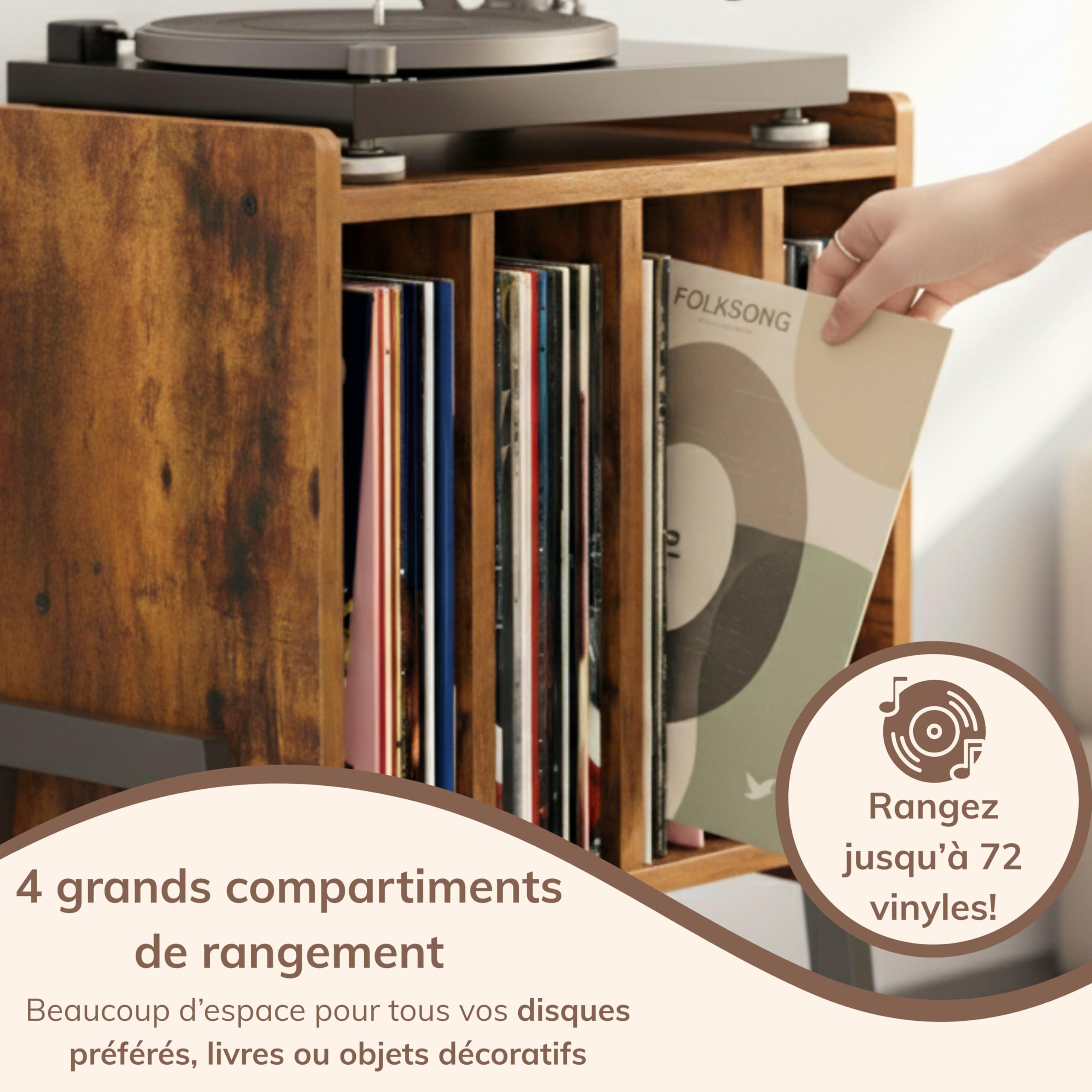 ACAZA Meuble Vinyle - pour Platine Tourne Disque et Albums Vinyles - 66 x 38.5cm - Design Bois MDF et Métal - Brun Vintage (Brun Vintage)