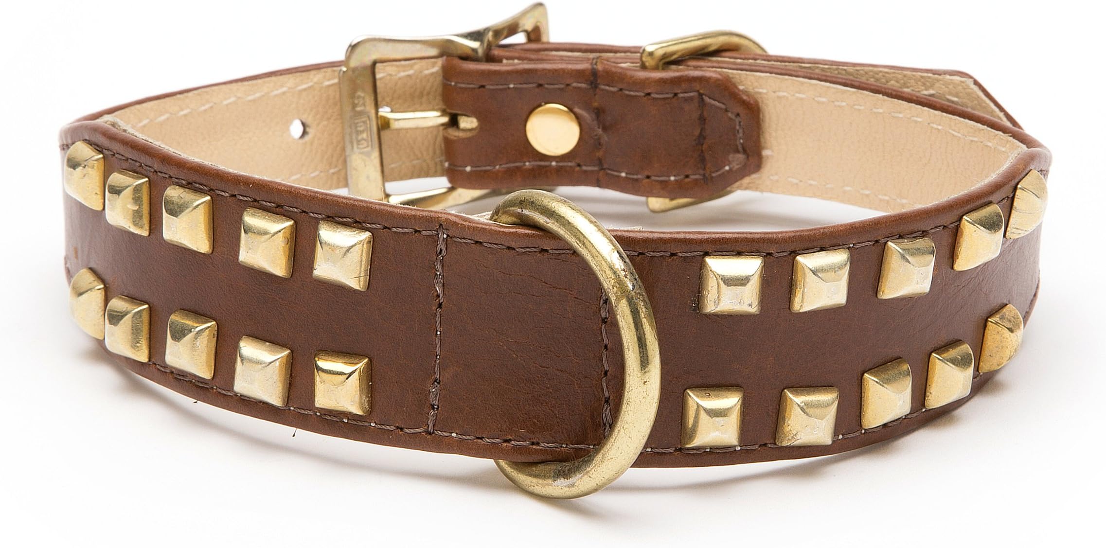 POOCHEE DESIGNS Double Row Pyramid Tapered Dog Collar, Medium Size 11-14, Brown with Brass Pyramids