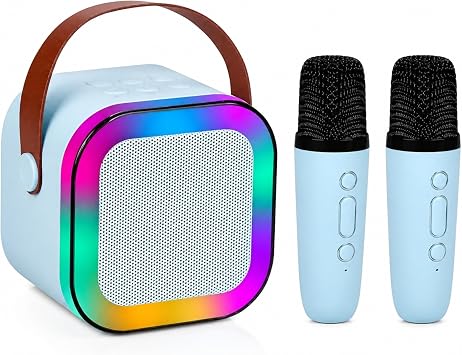 Karaoke Mikrofonu, 2 Mikrofon 1 Hoparl r, Net P r zs z Ses Kalitesi, Bluetooth Ba lant l , RGB LED I kl ,  arjl , USB TF Type-C Giri li Ev Ofis Parti  in Mavi Renk  ift Karaoke Mikrofonlu Hoparl r