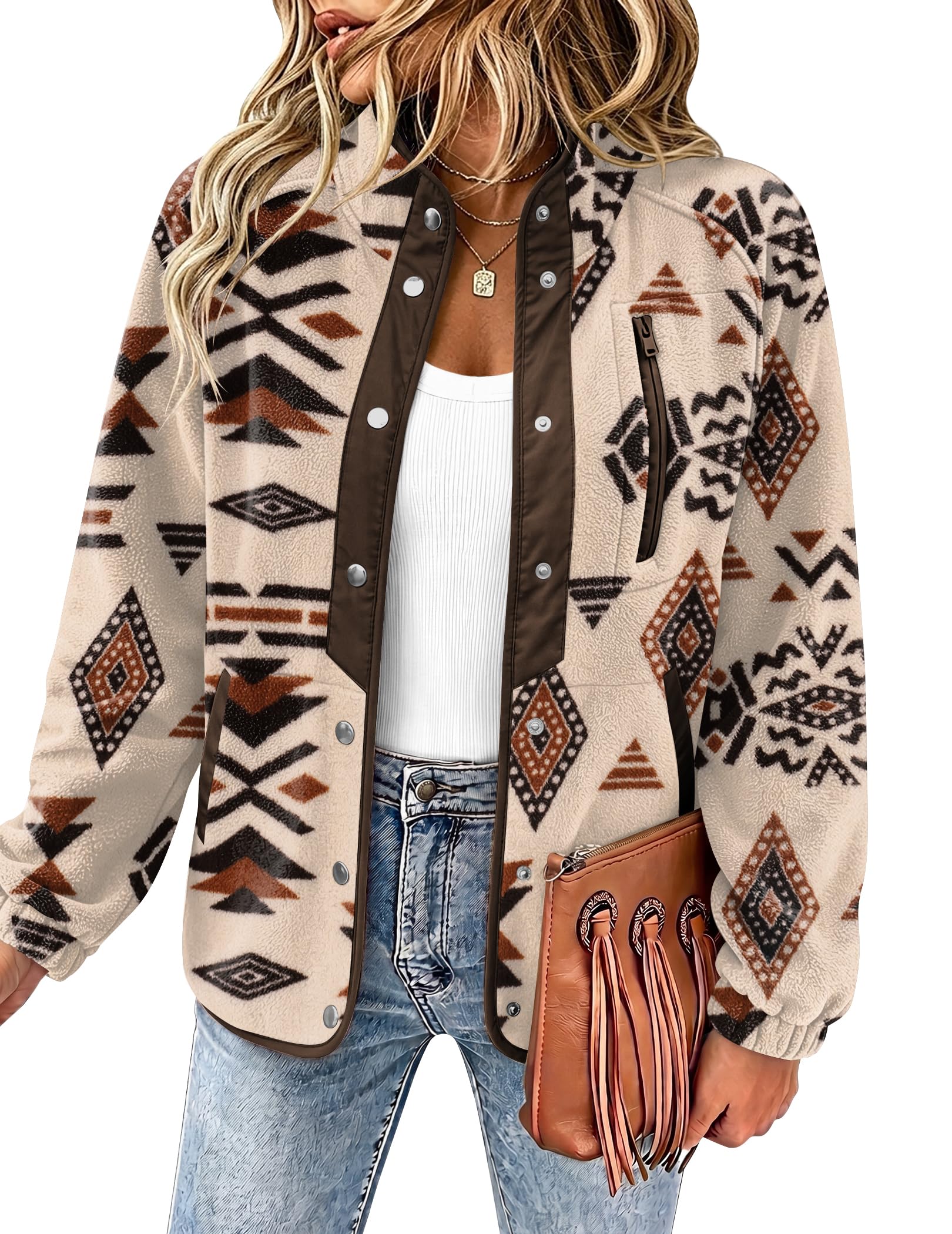 Women Fleece Jacket Western Aztec Print Snap Button Down Outerwear