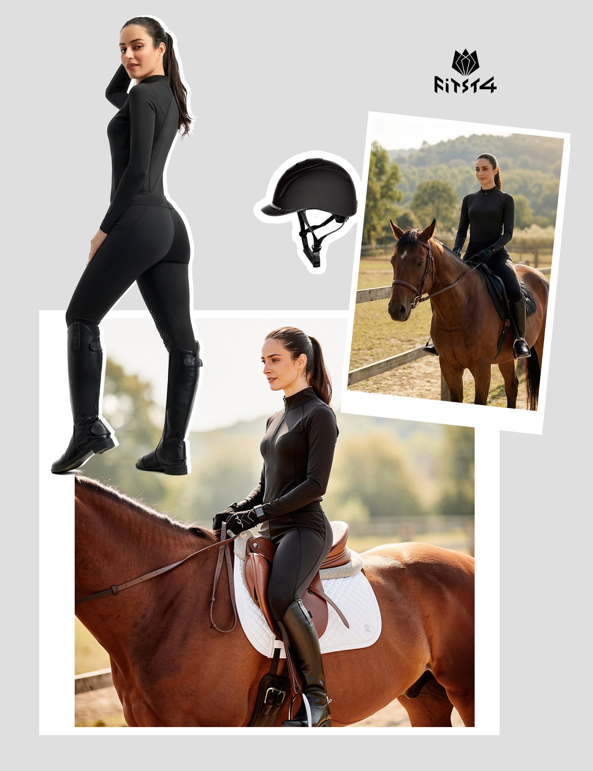 FitsT4 Sports Reitset für Damen Reithose und Reitsport Oberteil Stretch Reitleggings Reitbekleidung Sommer mit Knie-Patch Silikon und Taschen