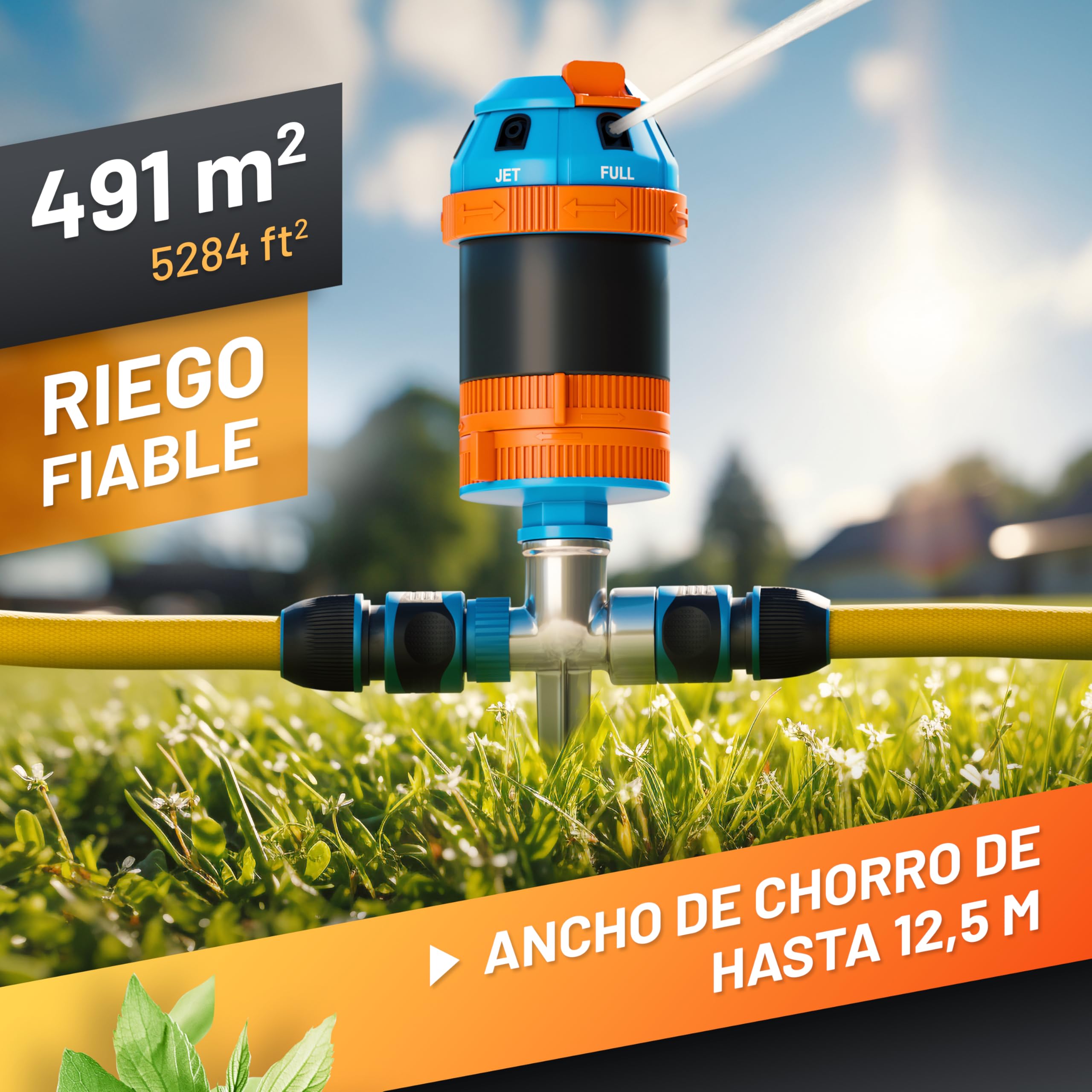 GRÜNTEK Aspersor de Riego Césped Aspersor Giratorio Automatico 360° Sectorial con Estaca de Metal - Regador Circular Riego Jardines Grandes Superficies - Alcance máximo 12.5 M