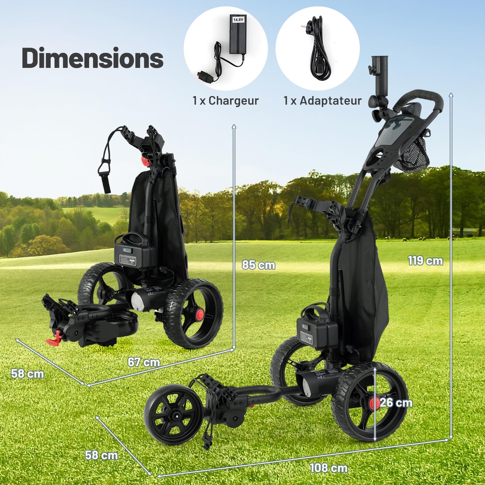 COSTWAY Chariot de Golf Électrique, Voiturette Golf Pliable & Léger à 3 Roues avec Poignée Ajustable, 9 Vitesses, Support pour Parapluie, Porte-Boisson, Porte-Score, Sac Isotherme & Port USB