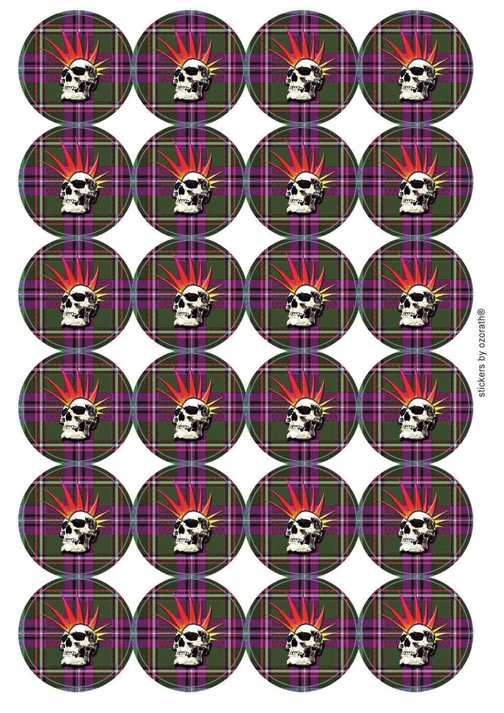 Punk Skull On Scottish Tartan Seventies Circular Matt Paper Stickers A4 Sheet of 24 (Each Sticker is 45mm Diameter)