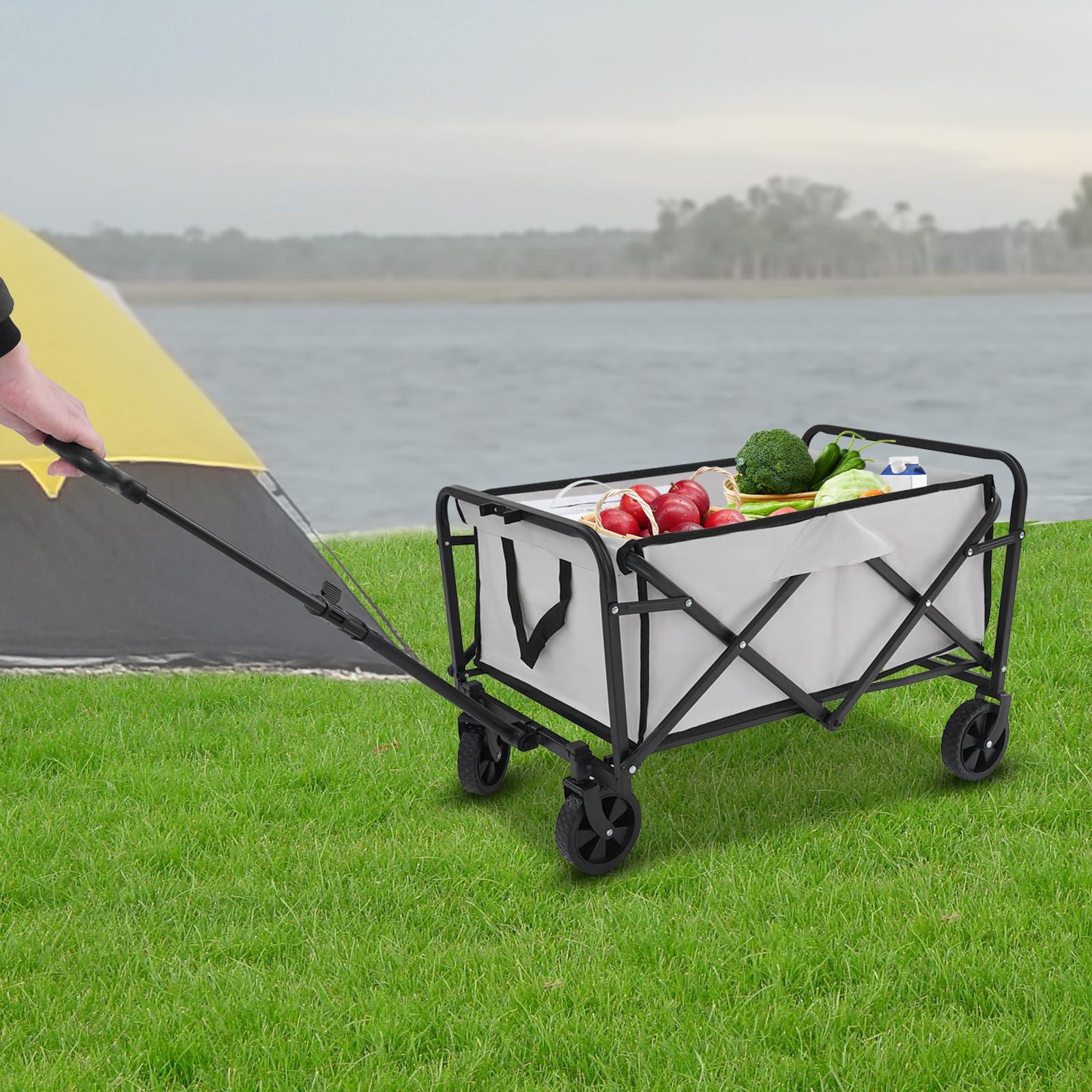 Bollerwagen faltbar mit 90 kg Tragkraft und Teleskopgriff | Inklusive Abnehmbarer Stofftasche und 4 Reifen mit Profil für Camping Garten Outdoor und Einkauf