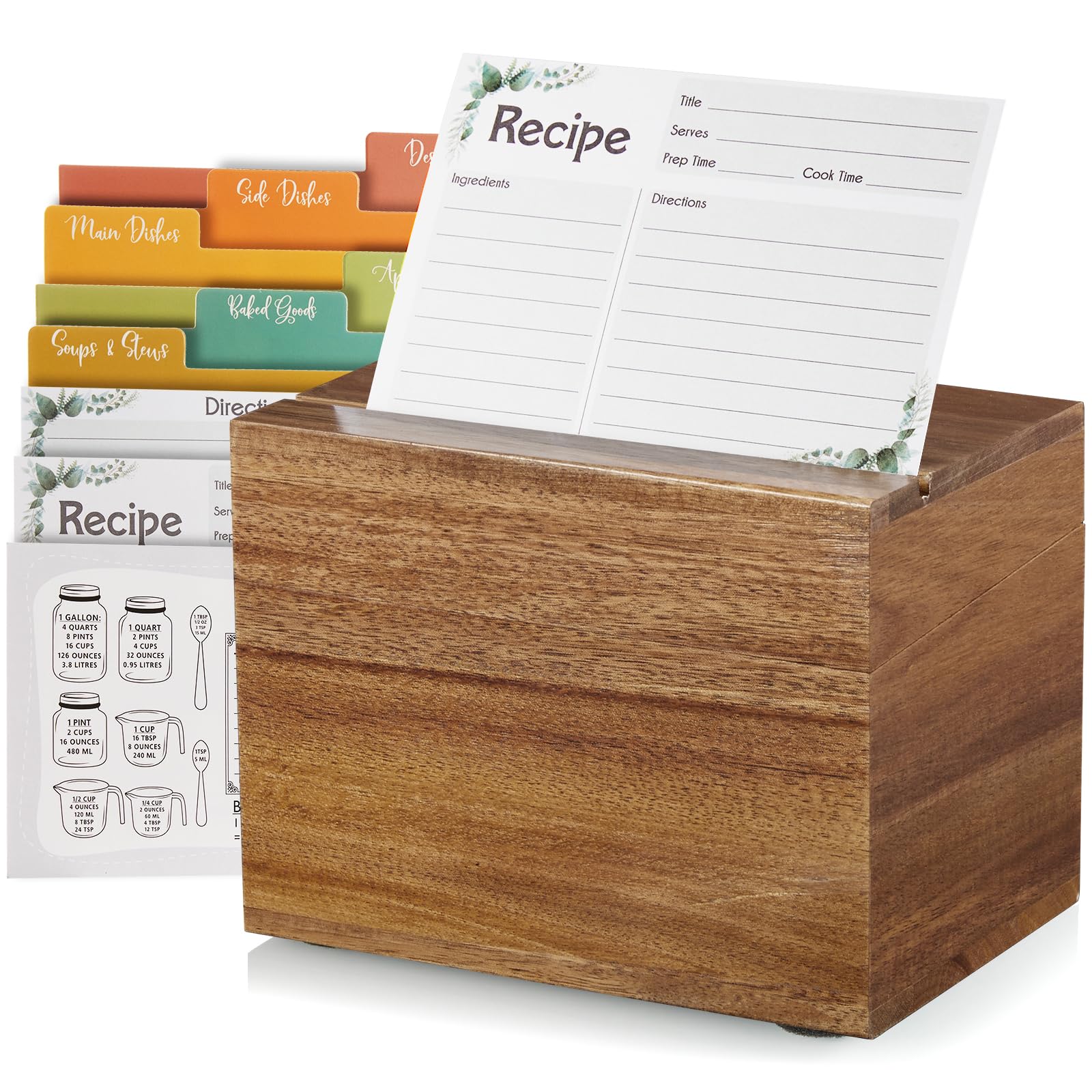 DRASTAR Recipe Box, Acacia Recipe Organizer, Recipe Holder Box with 100 Recipe Cards 4"x 6" & 6 Dividers, Recipe Book to Write in Your Own Recipes