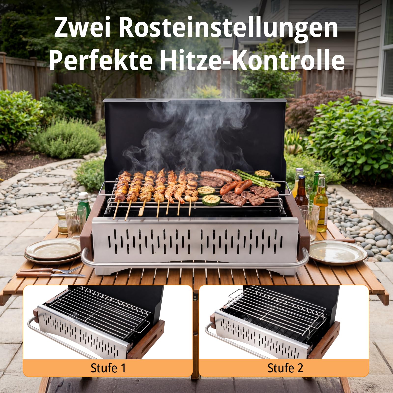 Holzkohlegrill tragbar mit Zubehörset, klappbarer Grill 38,15 x 20,95 cm, werkzeuglose Montage, 2-fach höhenverstellbar, ideal für Balkon Garten Camping