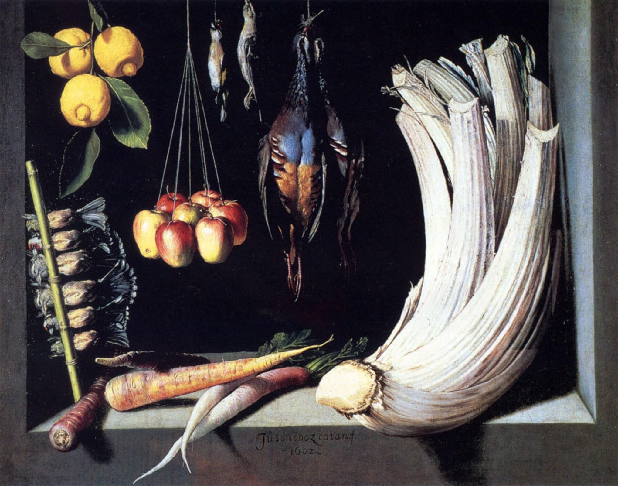 ARTXLXXBN Famous Painting Art Wall Decor Abstract Art Picture Still Life with Dead Birds Fruit and Vegetables by Juan Sanchez Cotan Animal Pictures for Home Decor 60x90cm