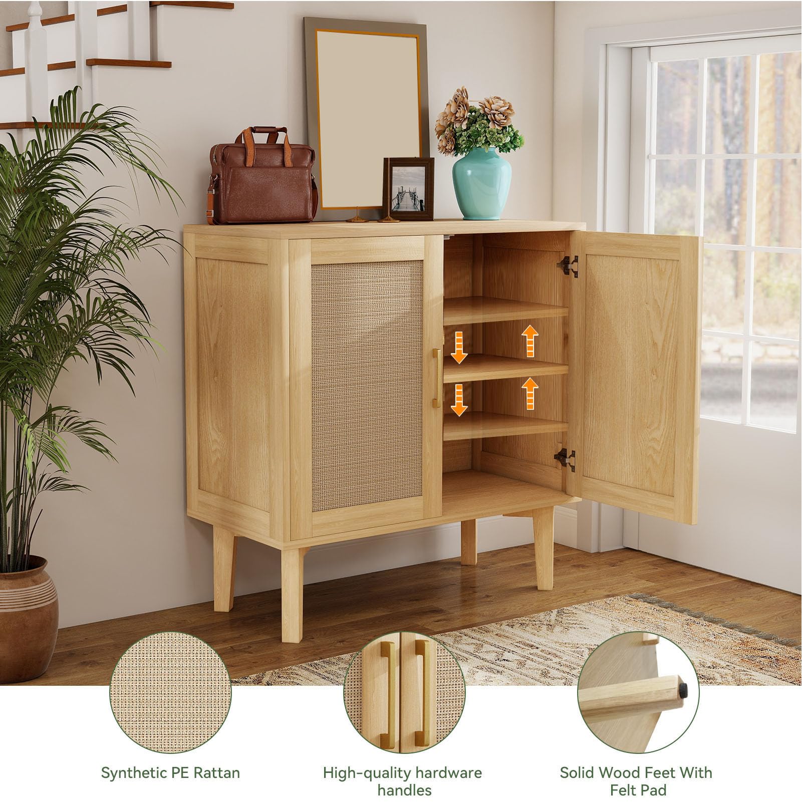 Dpofirs Buffet Cabinet avec Portes en Rotin Pieds en Bois Massif pour