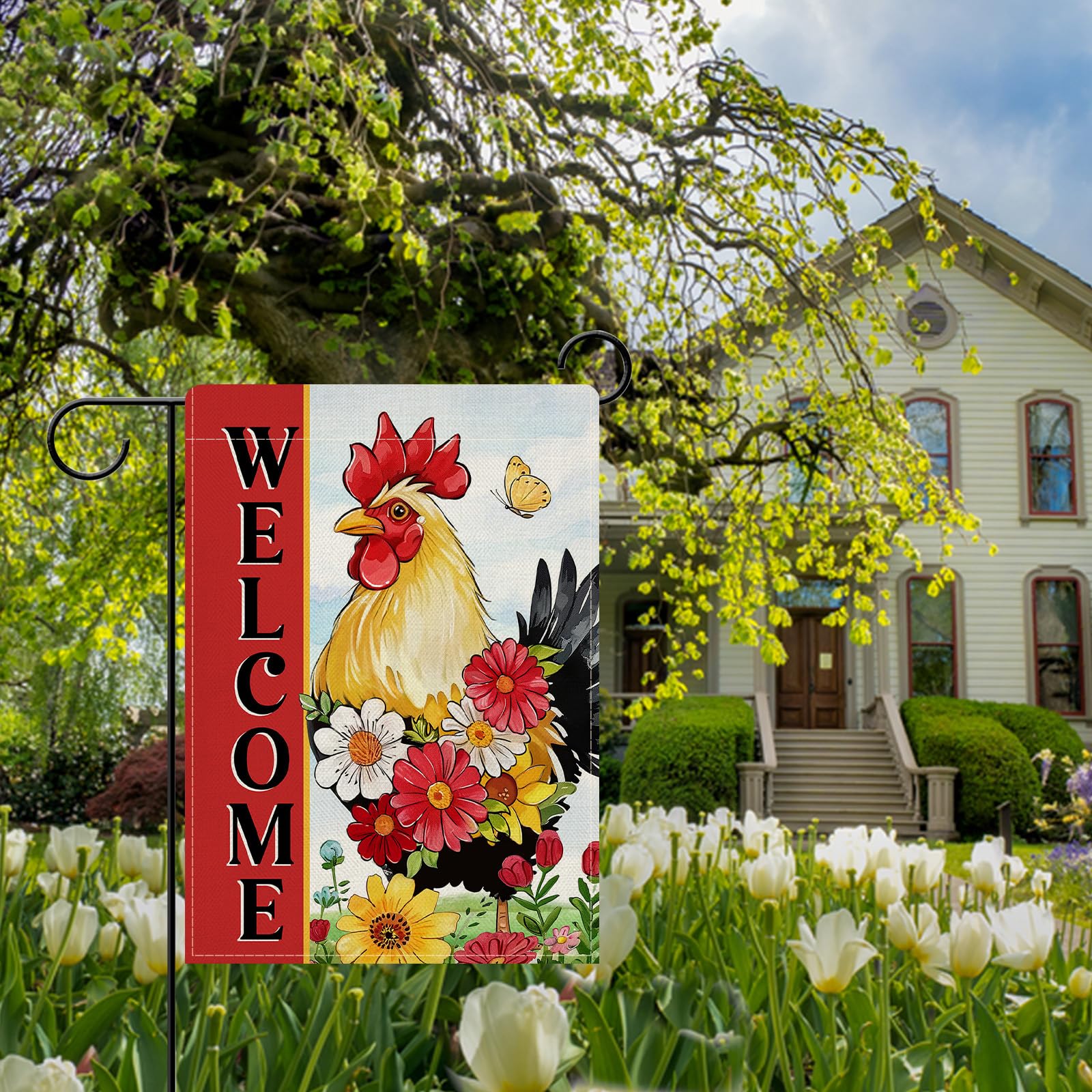 Dyrenson Gartenflagge Welcome Spring – Bauernhof-Design Mit Huhn & Gänseblümchen (30,5x45,7 Cm)