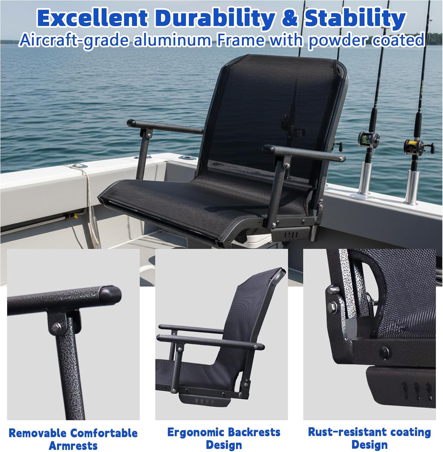 Mesh Boat Seats for Fishing, Marine Bass Jon Boat Seat, Breathable & Keep Dry, Excellent Lumbar Back Support, Boat Chair with 90° Foldable and 400lbs Weight Capacity