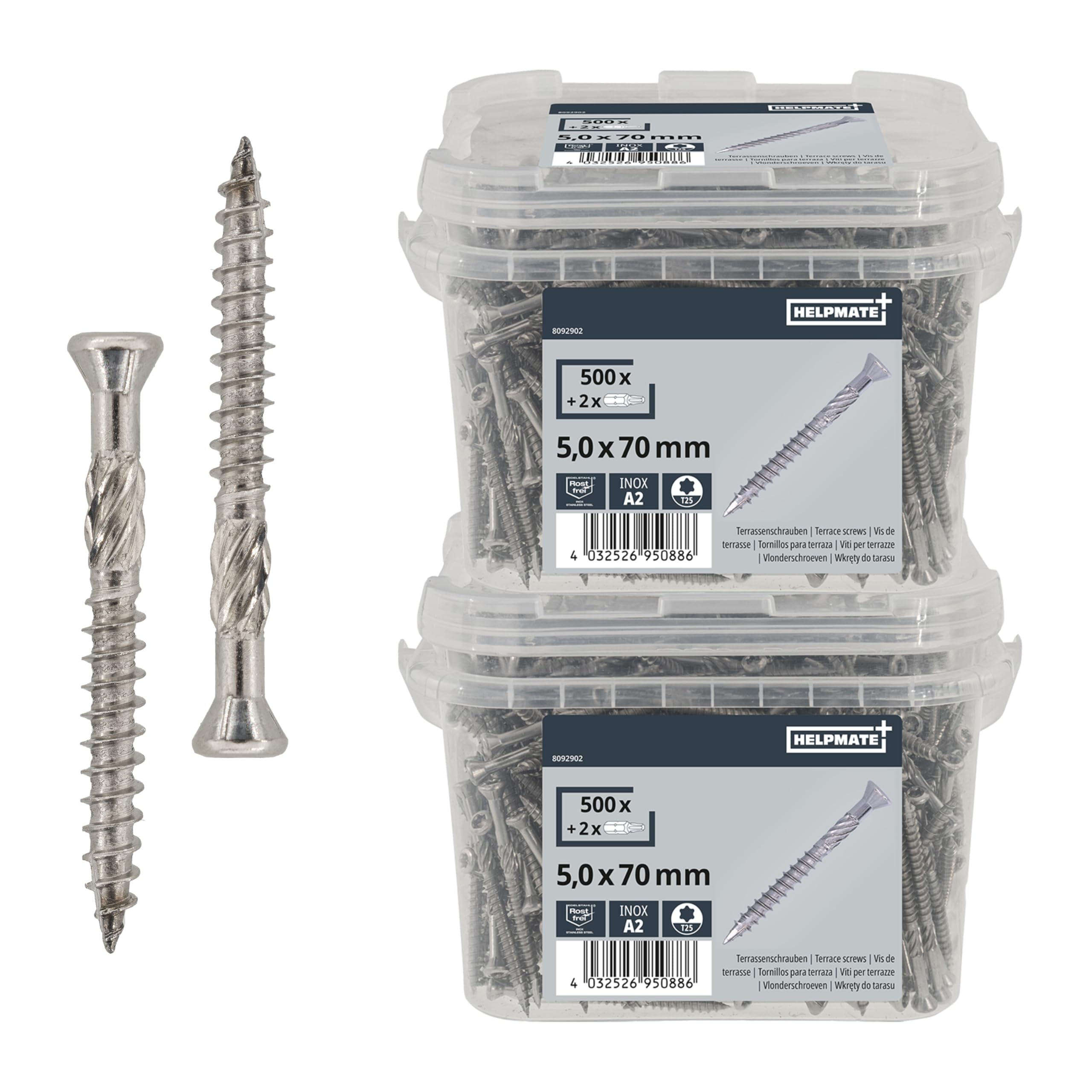 HELPMATE – Tornillos de terraza 5 x 70 acero inoxidable A2 – 1000 tornillos para tablones + puntas T25 – Tornillos para terrazas para exteriores (construcción de terrazas, casas de jardín, estructuras