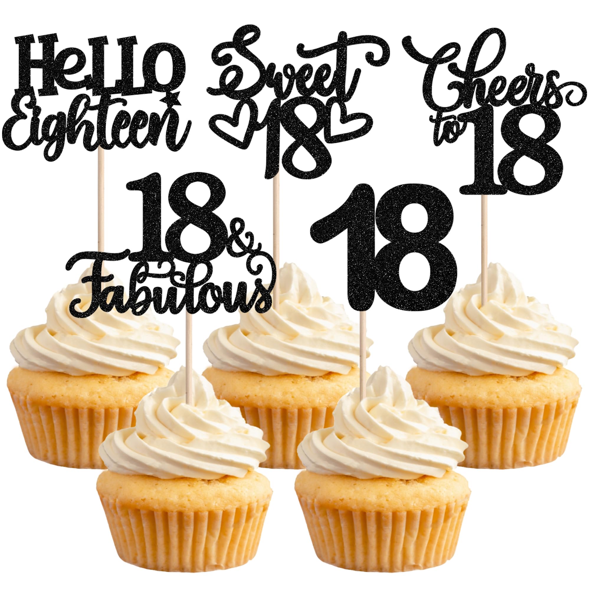 30 Stück 18th Geburtstag Tortendeko Glitzer Hello Eighteen Cheers to 18 Fabulous Cupcake Toppers Sweet 18 Kuchen Deko für 18th Geburtstag Jahrestag Party Kuchen Dekoration Schwarz