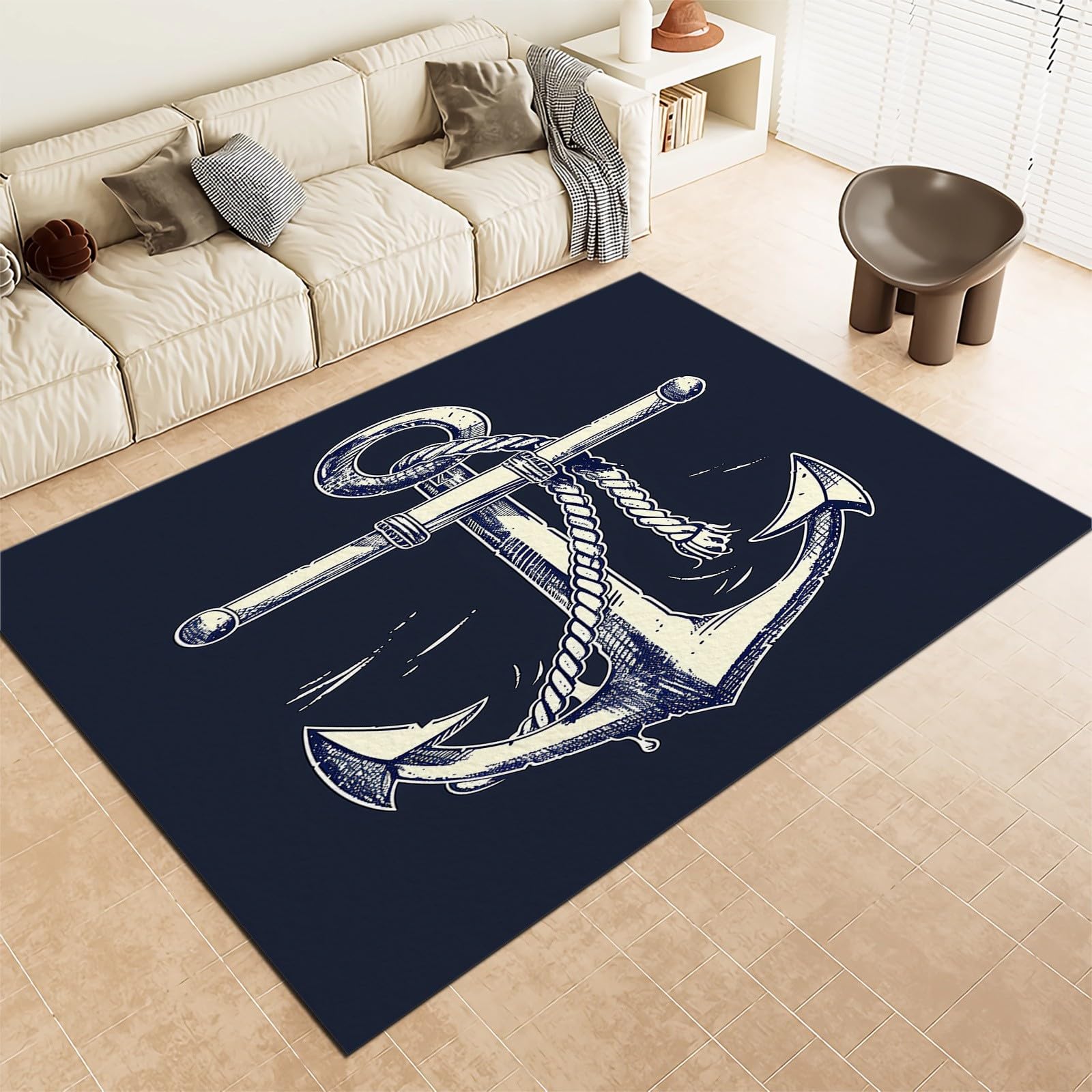 Tappeto lavabile 120 x 170 cm, per cameretta dei bambini, stile nautico, antiscivolo, per camera da letto, soggiorno, sala da pranzo, ufficio, sala giochi, tappeto blu a pelo basso stampato