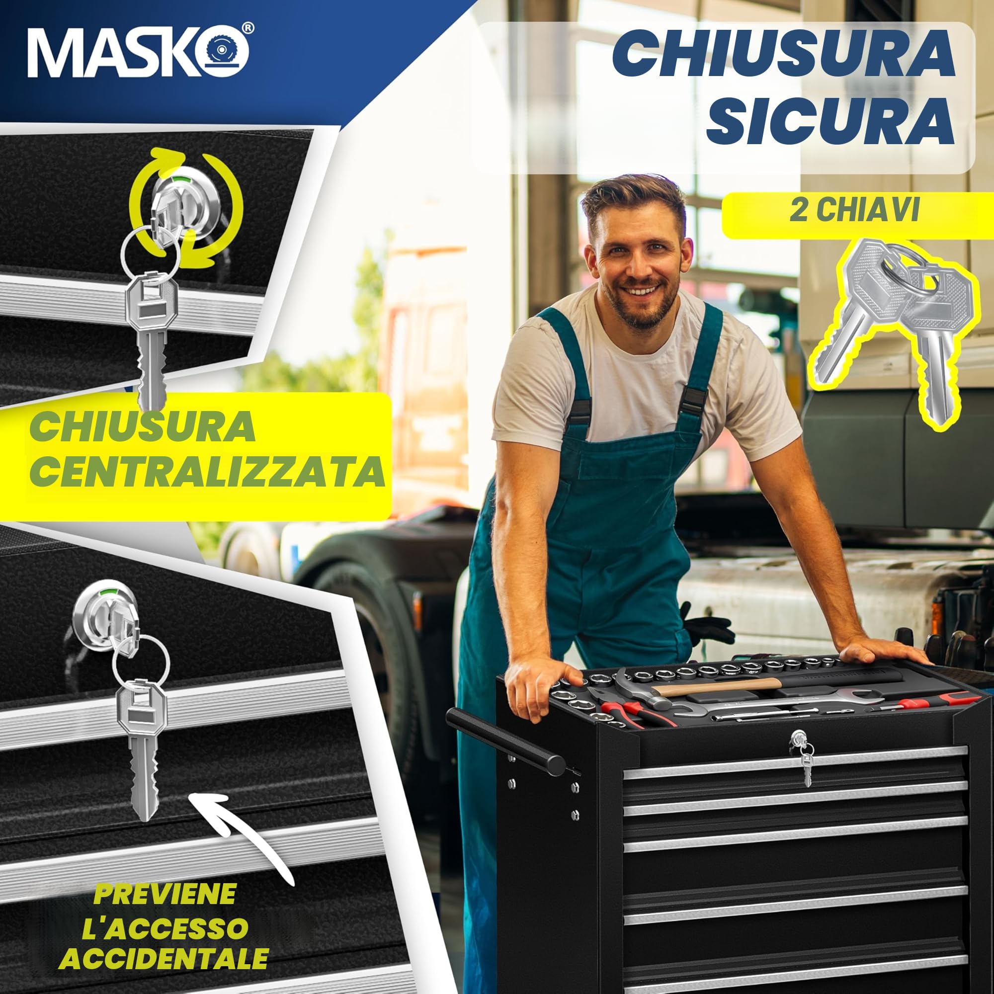 MASKO® Carrello da officina – 7 cassetti, nero, richiudibile, in metallo massiccio, senza attrezzi, senza attrezzi, carrello professionale da officina, carrello con serratura