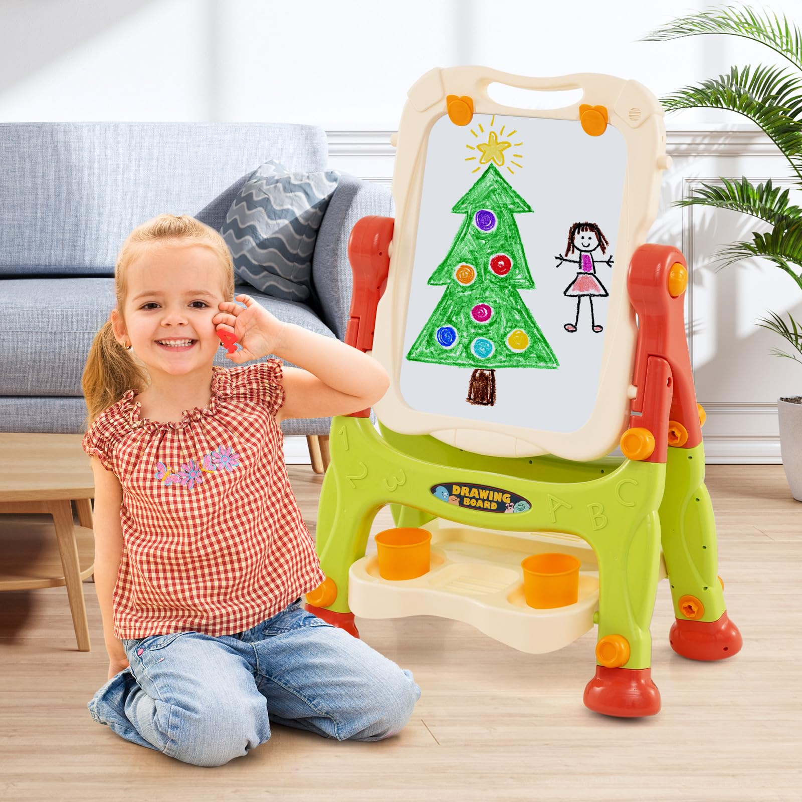 GYMAX Lavagna Magnetica per Bambini, Cavalletto da Disegno Doppio Lato con Lavagna, Tavolo da Disegno Portatile con Maniglia, Altezza Regolabile per Bambini 3+ Anni (Rosso)