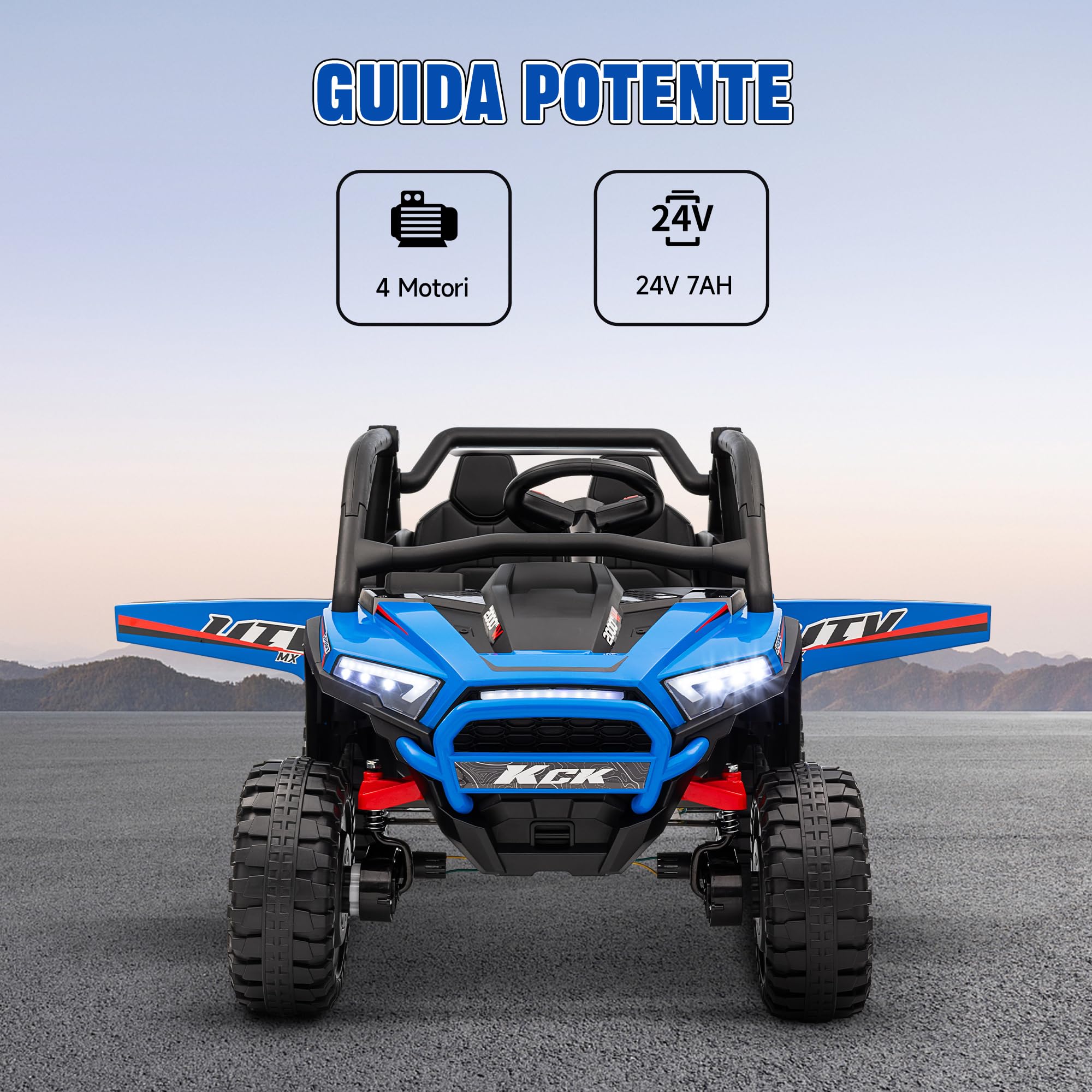 AIYAPLAY Macchina Elettrica per Bambini 2 Posti 24V 4 Motori, Auto Elettrica Bambini 3-8 Anni con 3 Velocità, Musica Integrata, Clacson, Luci, Sospensione a Molla e Telecomando, Velocità 5-7km/h, Blu